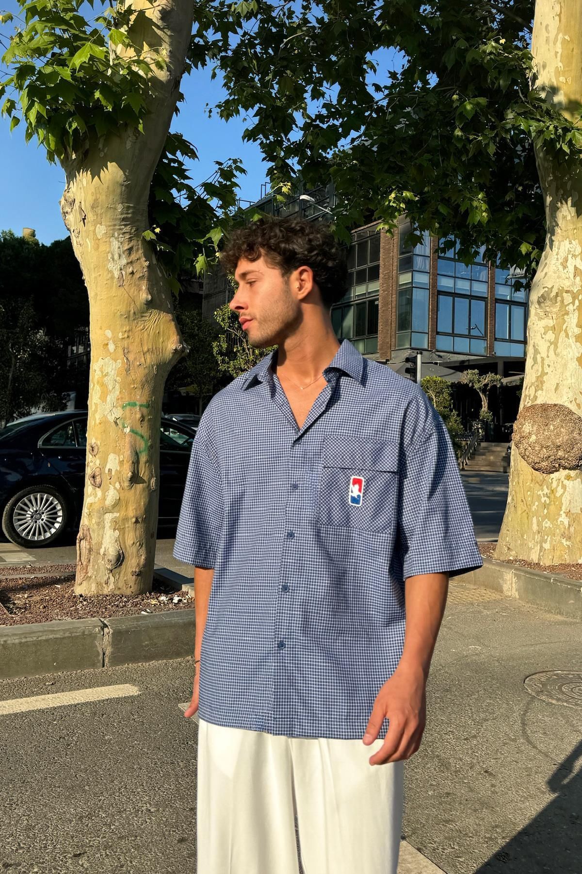 Flaw Wear Ayarlanabilir Model Kareli Mavi Kısa Kol Gömlek