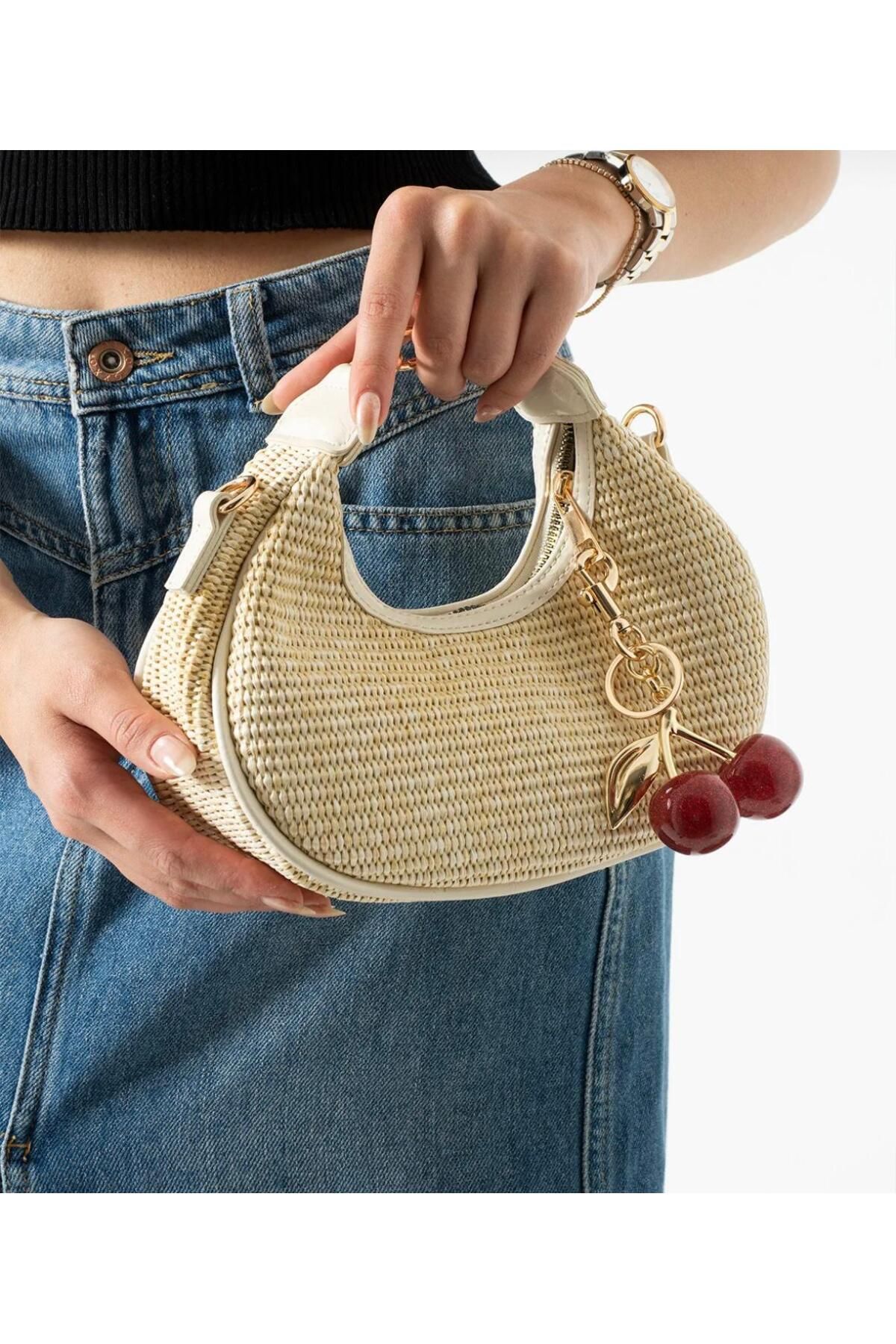 Butik Lisbond Miela Model Hasır Krem Charm Hediyeli Kadın El Ve Omuz Çantası