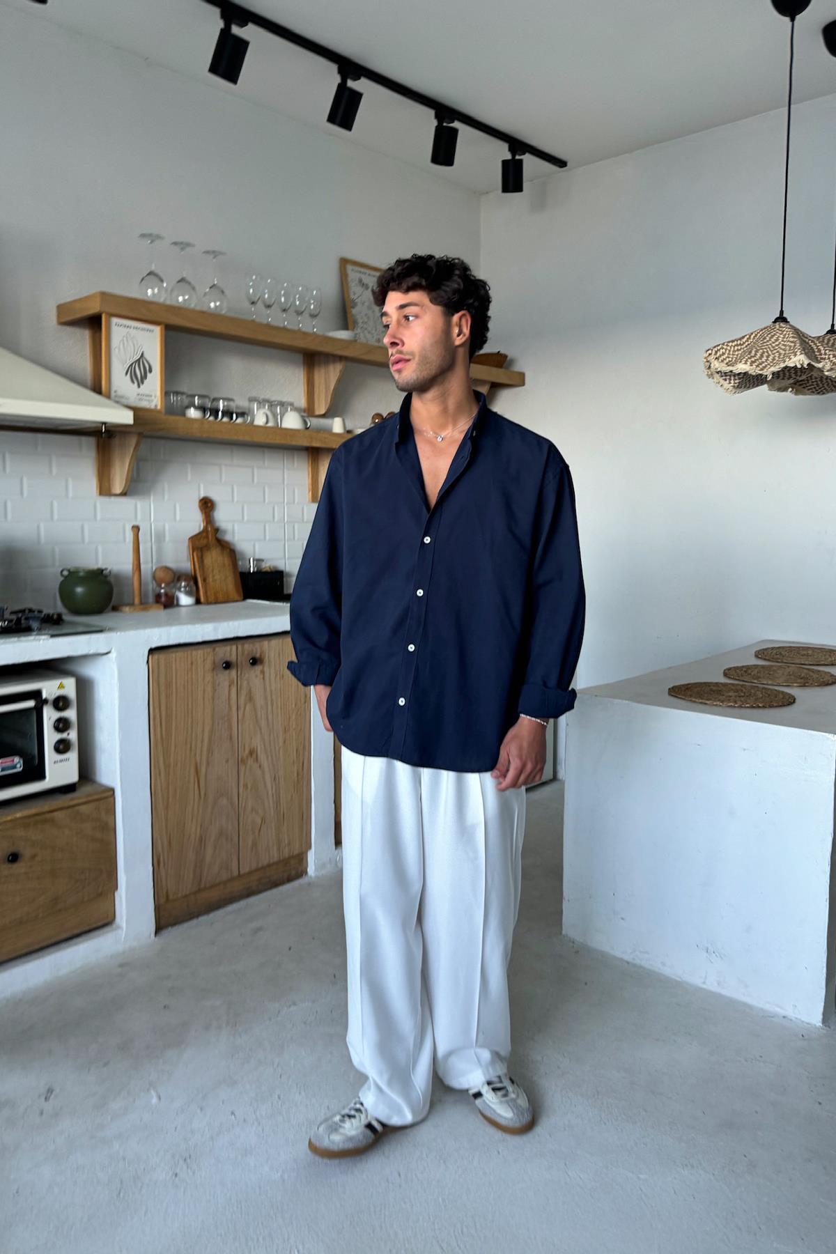 Flaw Wear  Basic Keten Gömlek Lacivert - Görsel 4