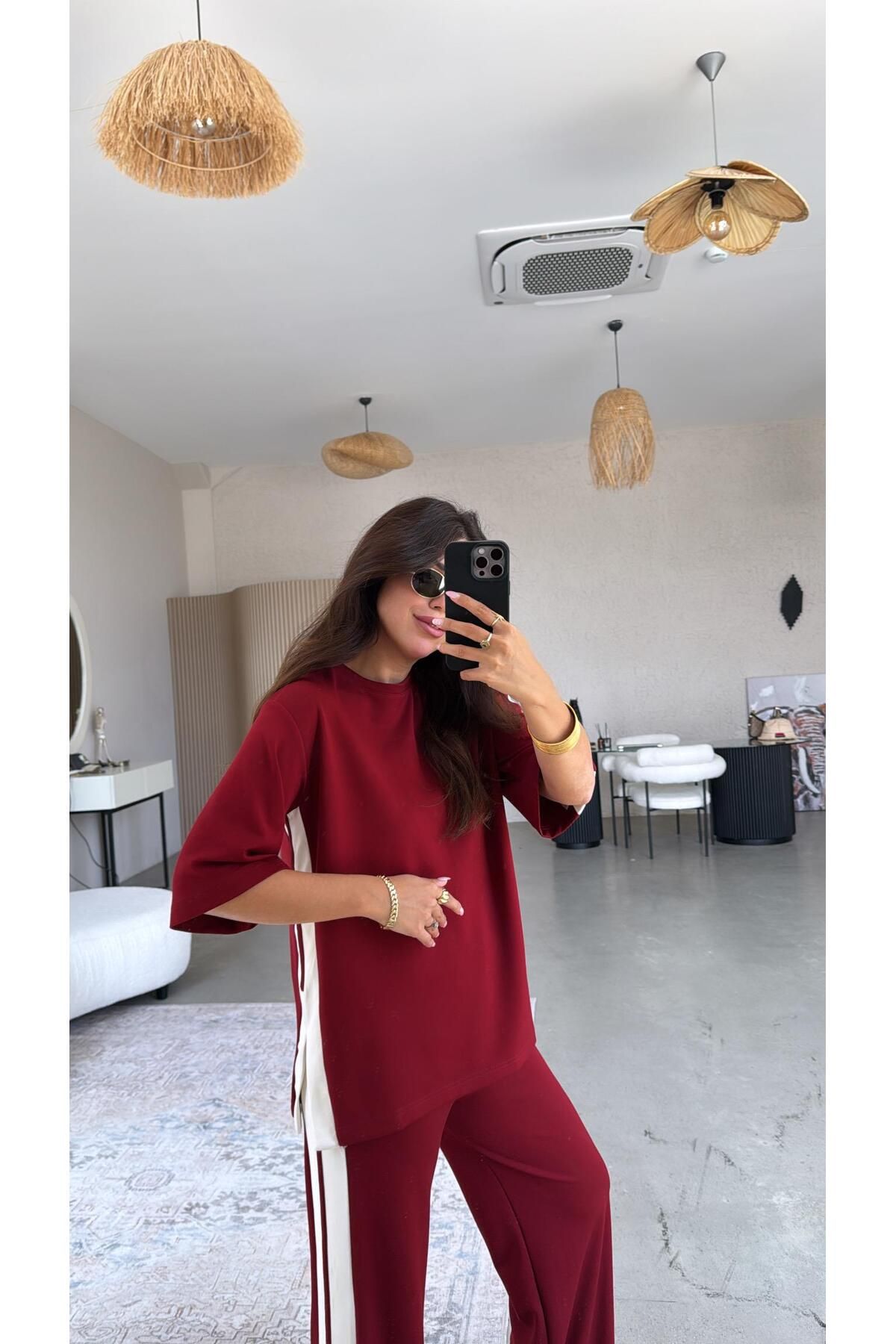 Buket Teke Bordo Çift Şeritli Yırtmaçlı Modal Takım