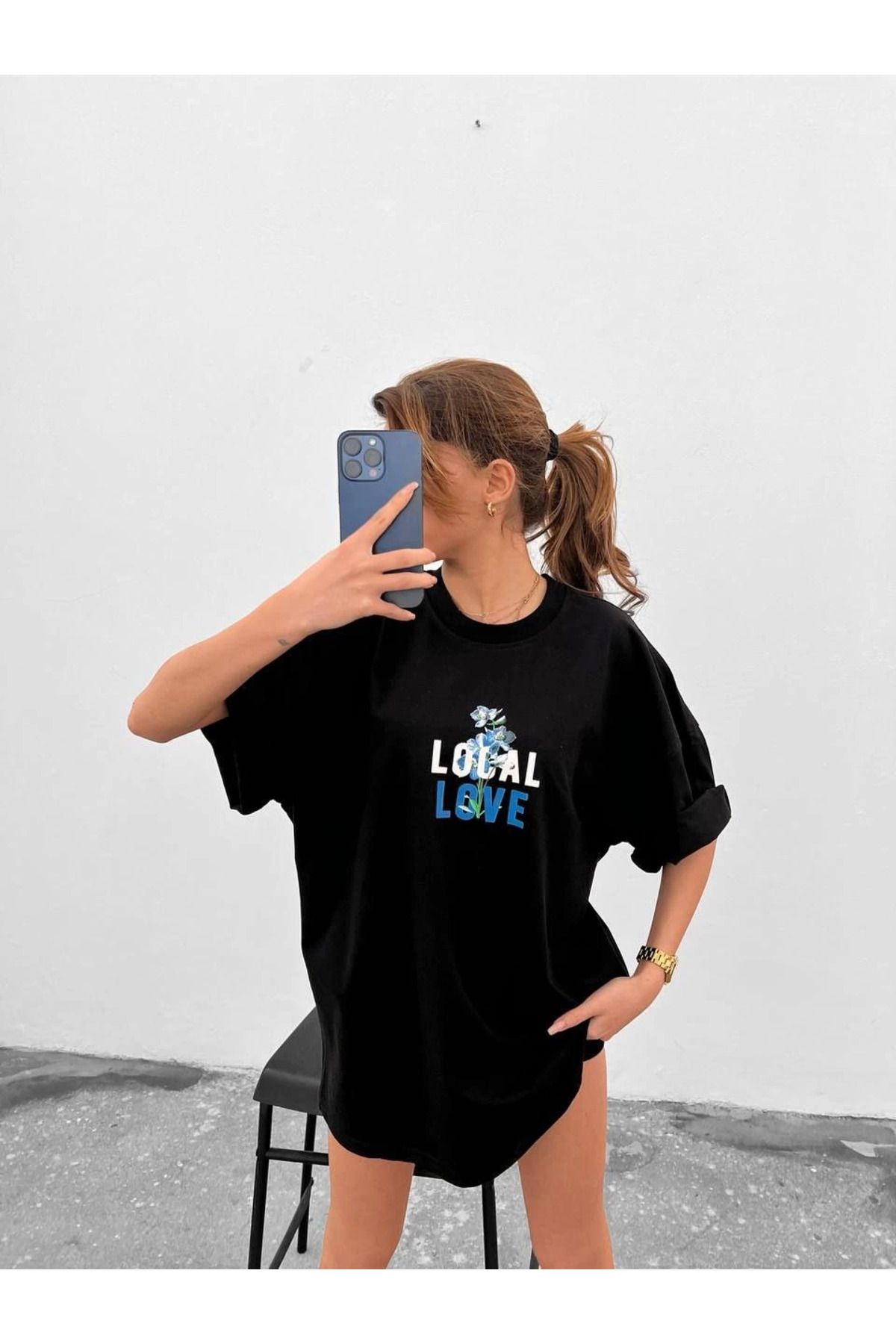 Serero Unisex Bisiklet Yaka Baskılı Oversize T-Shirt - Siyah