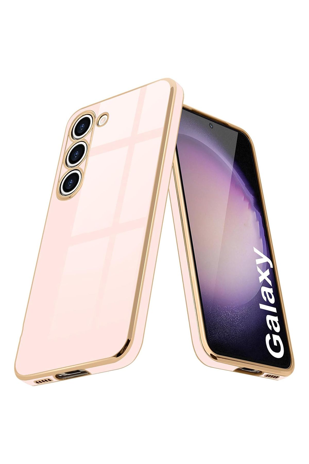 Merwish Galaxy S23 Uyumlu Lazer Kesim Gold Çerçeve Pembe Kapak Kılıf