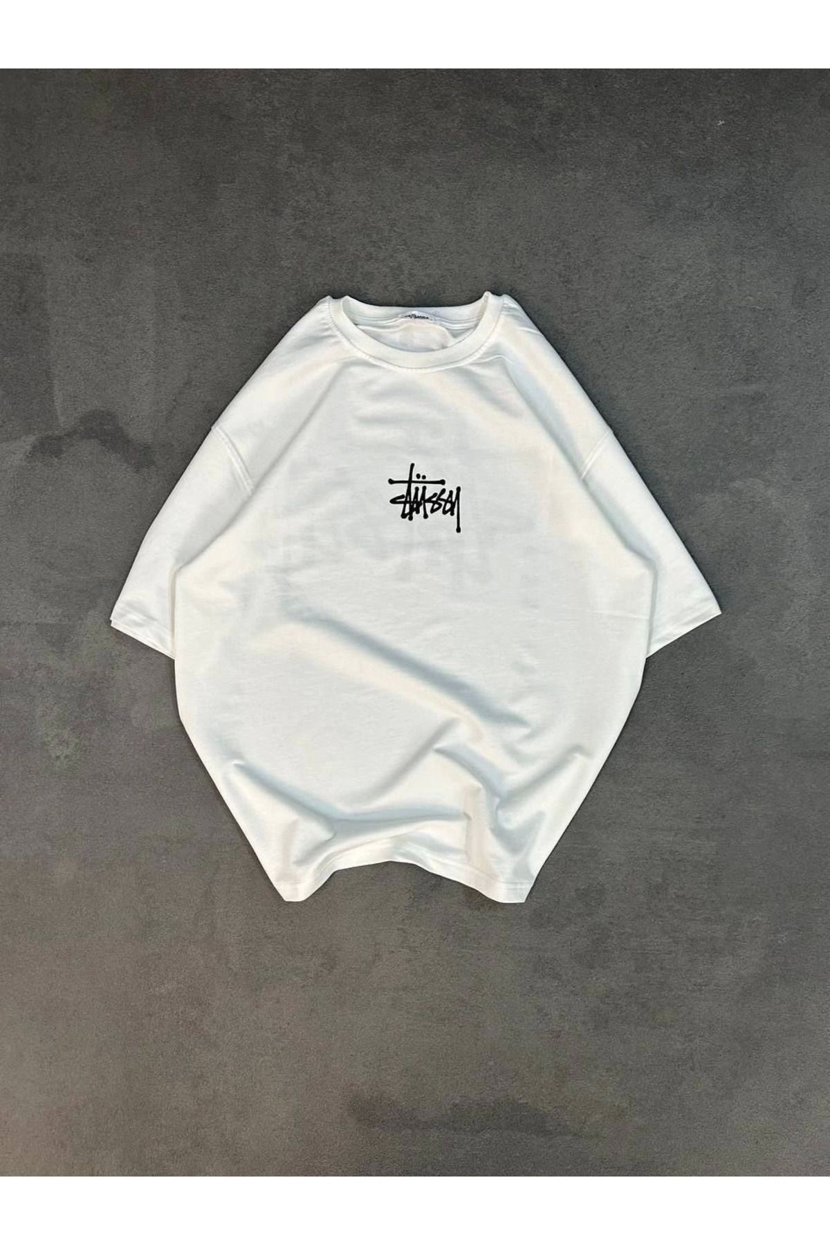 Serero Unisex Bisiklet Yaka Baskılı Oversize T-Shirt - Beyaz