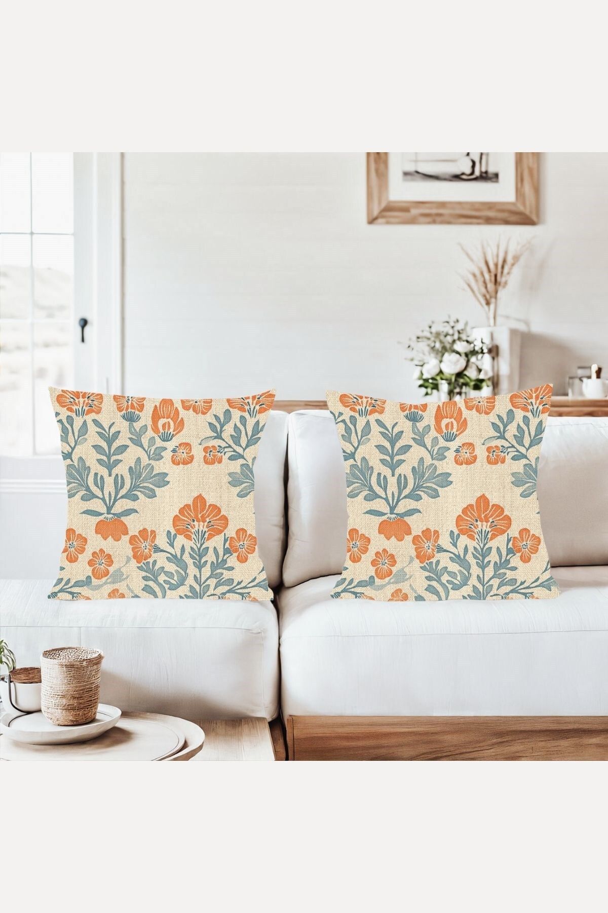 farbala Flowers Bej Turuncu Çiçek Kombin Gizli Fermuarlı Kırlent Kılıfı Koltuk Yastık Kılıfı Takım(2ADET)