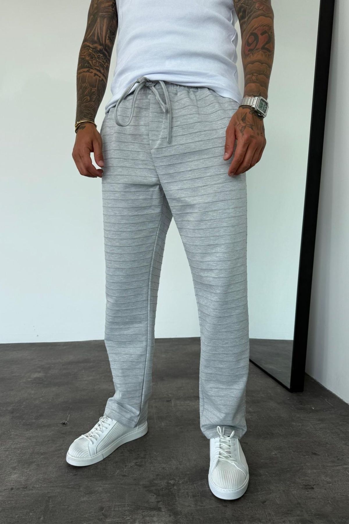 MADZEYMODA Erkek Baggy Fit Bol Kalıp Beli Lastikli Gri Jogger KE-5046
