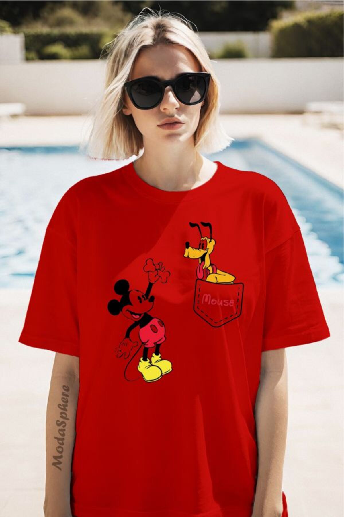 ModaSphere MICKEY Baskılı Cep Görselli Unisex Oversize Tişört