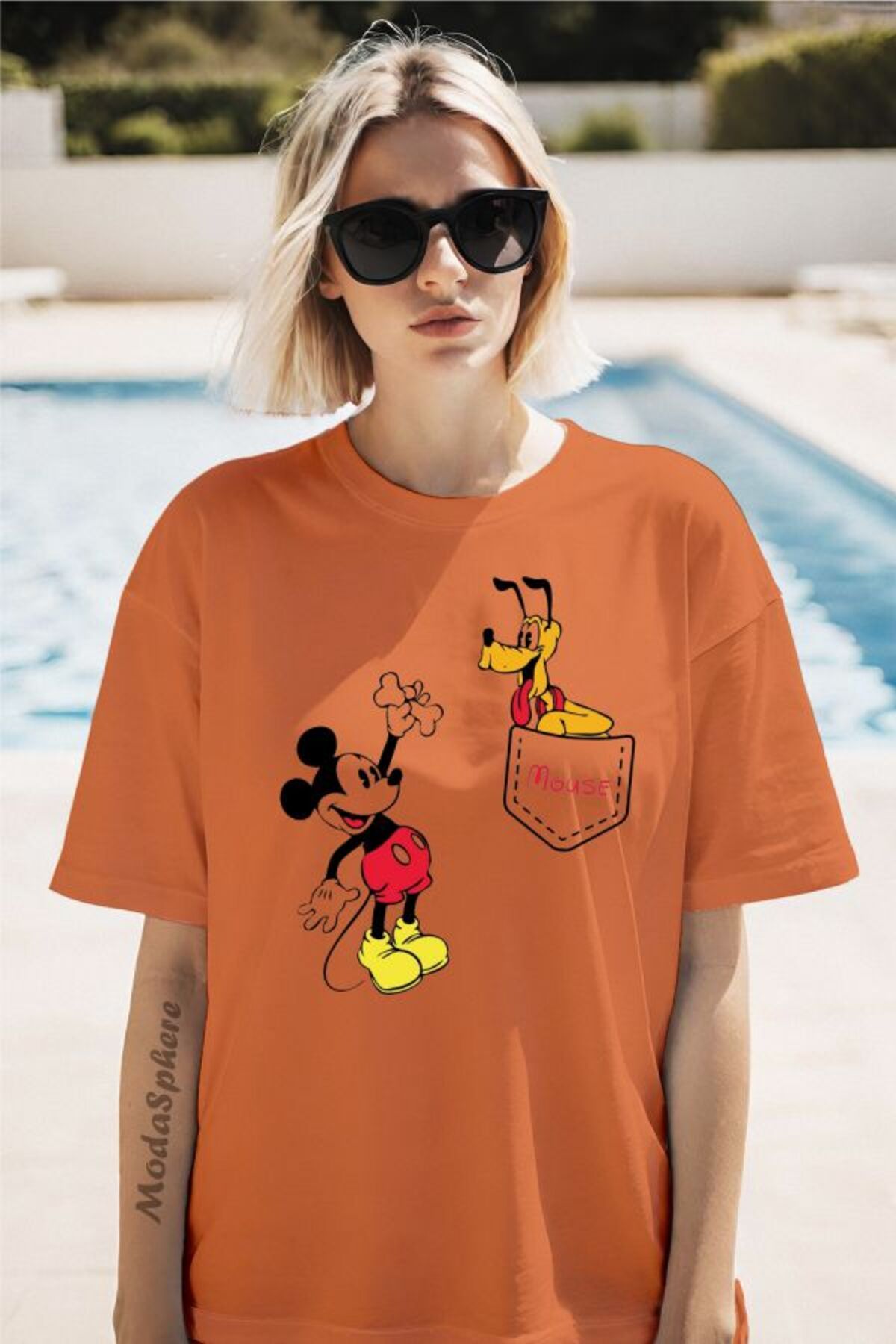 ModaSphere MICKEY Baskılı Cep Görselli Unisex Oversize Tişört