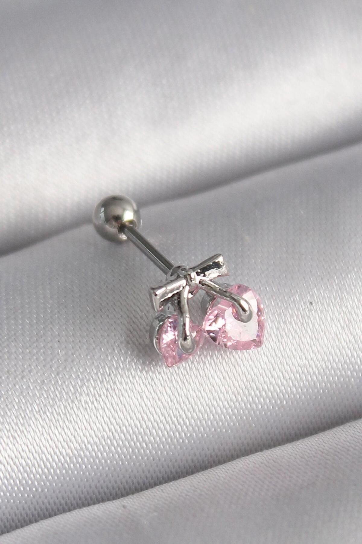 AfraBeauty 316L Çelik Gümüş Renk Pembe Zirkon Taşlı Kalp Tragus Piercing
