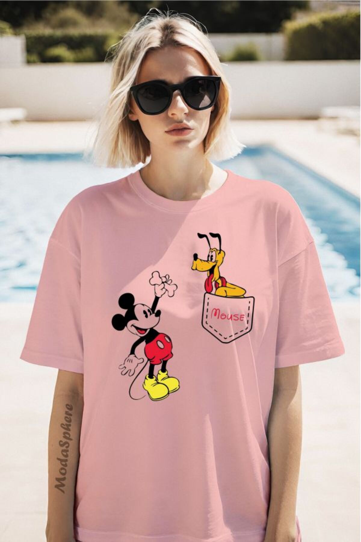 ModaSphere MICKEY Baskılı Cep Görselli Unisex Oversize Tişört