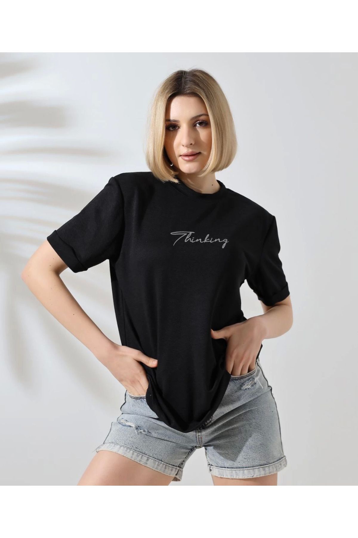 Serero Unisex Bisiklet Yaka Baskılı Slim Fit T-Shirt - Siyah