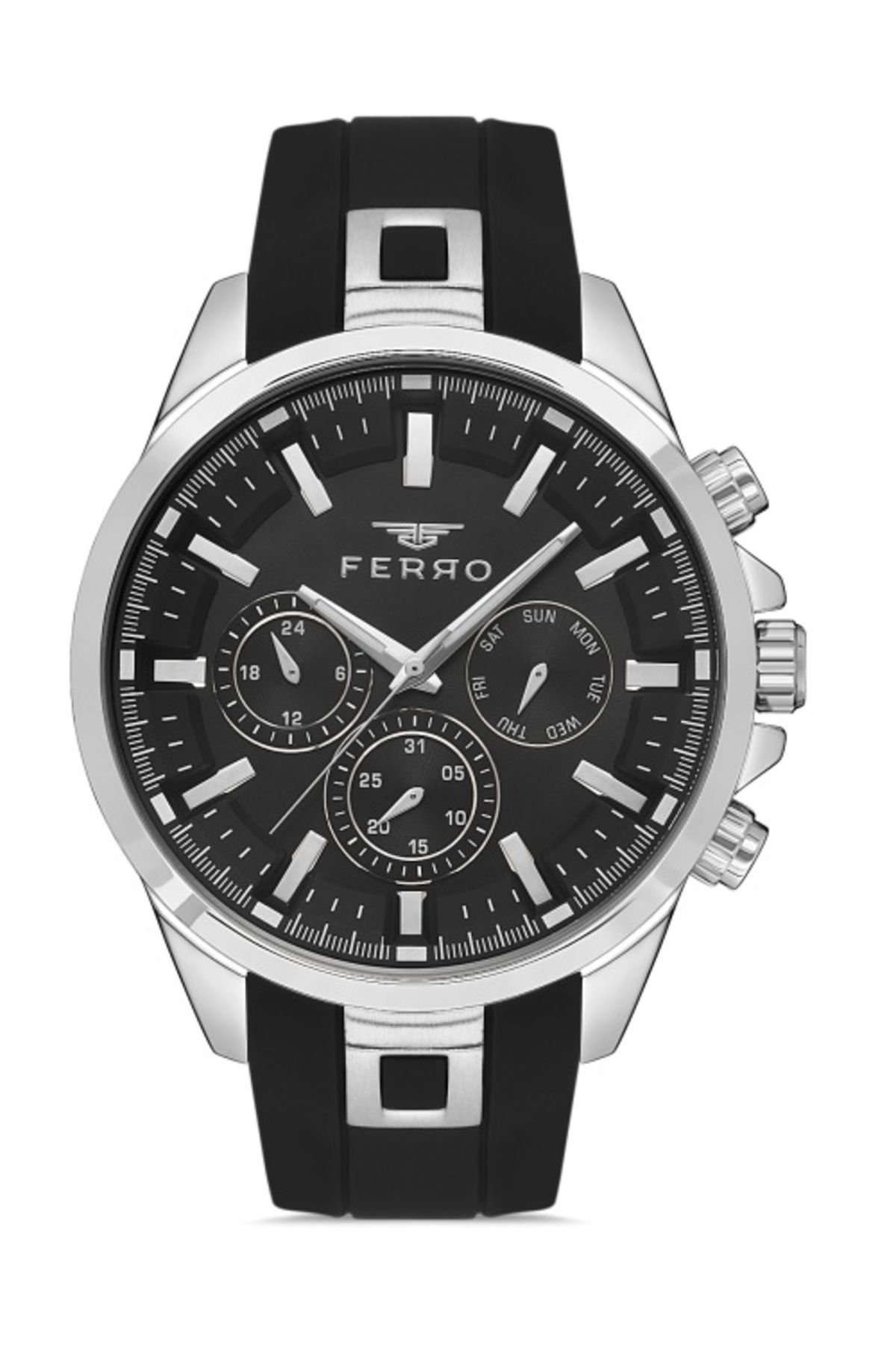 FERRO FM11379DWT-J Quartz Çelik Silikon Siyah 46 mm Erkek Kol Saati