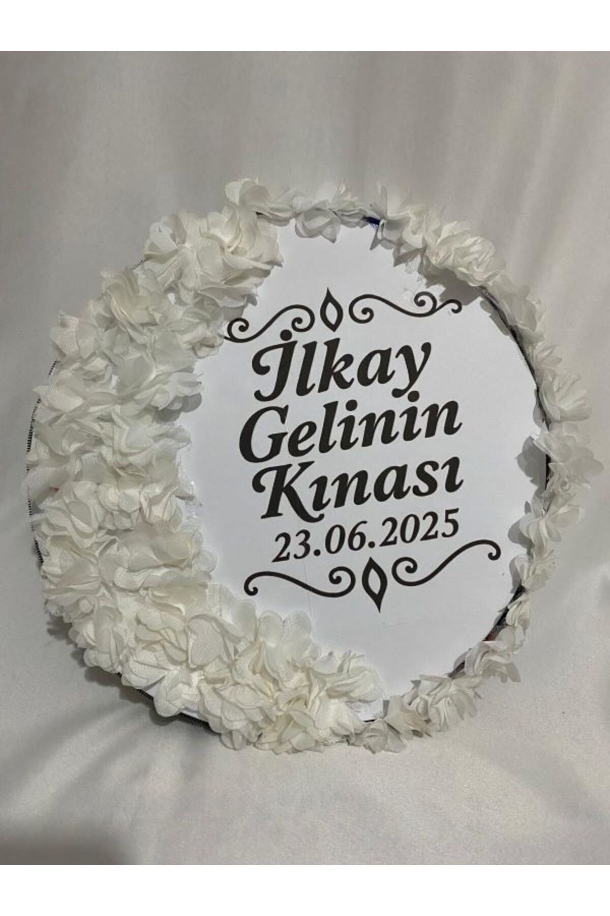 ARHEDİYELİK Gelin Tefi 30cm, İsim ve Tarih Yazılı Yarım Ay Ve Kenar Süslemeli Tasarlanmış Kına Tefi (BEYAZ)