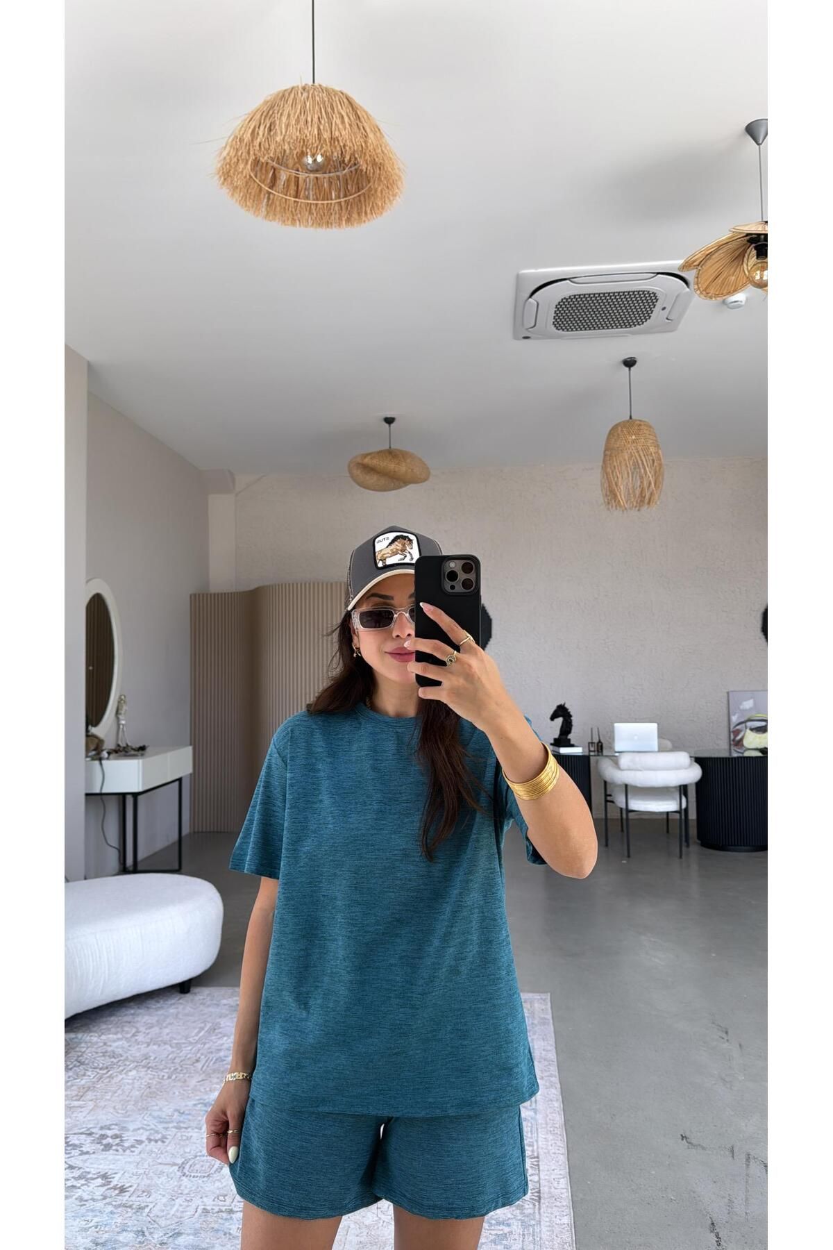 Buket Teke Petrol Yeşili Şort Tshirt Basic Takım