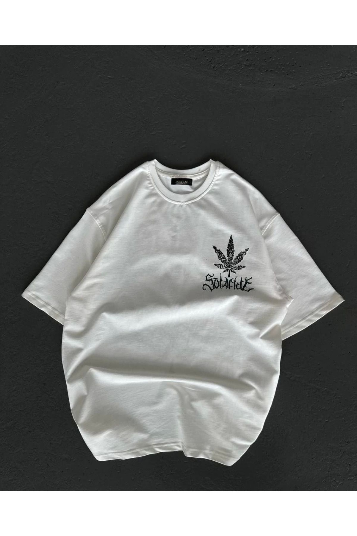 Serero Unisex Bisiklet Yaka Baskılı Oversize T-Shirt - Beyaz