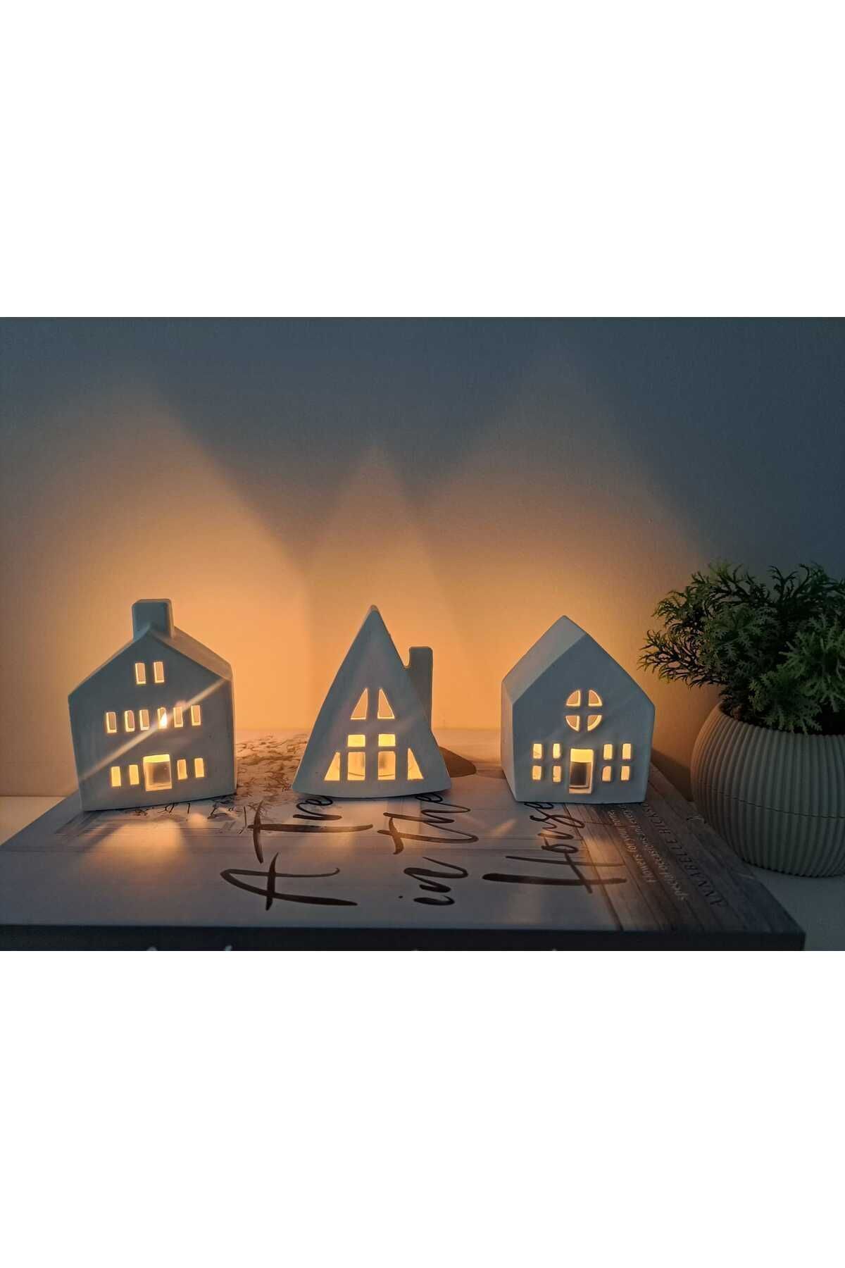 DEKORANLA 3'lü Beton Ev Şeklinde Dekoratif Mumluk Seti, Tealight Mumlar Dahil