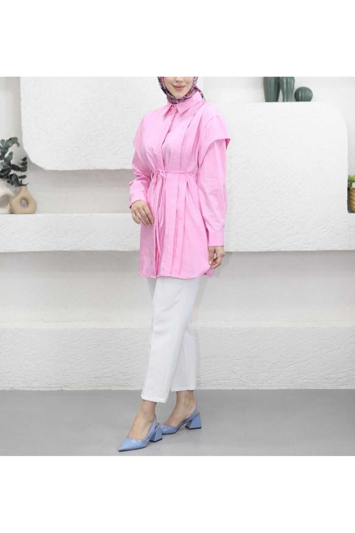 moda paketi Pembe Pile detaylı Tunik Gömlek