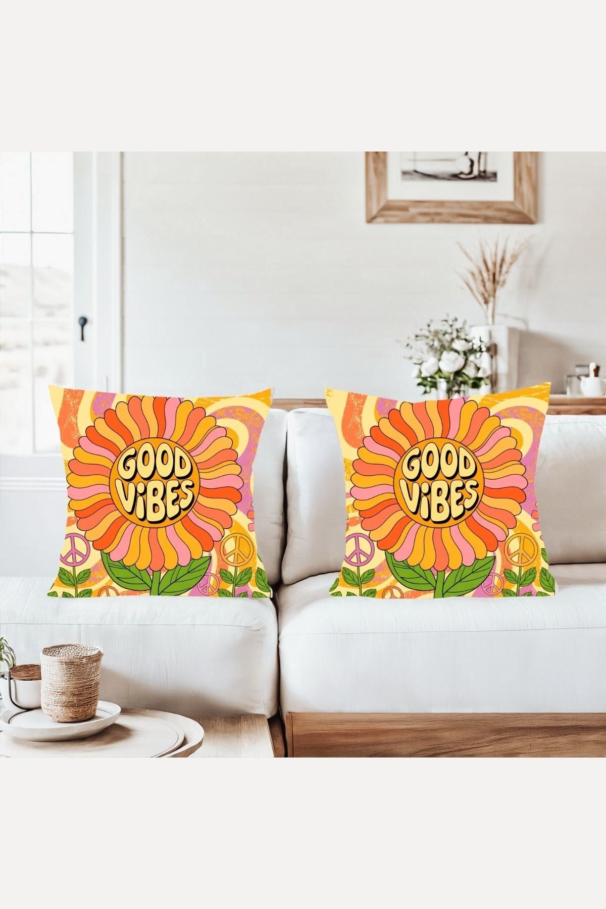 farbala Good Vibes Çiçek Temalı Kombin Gizli Fermuarlı Kırlent Kılıfı Koltuk Yastık Kılıfı Takım(2ADET)
