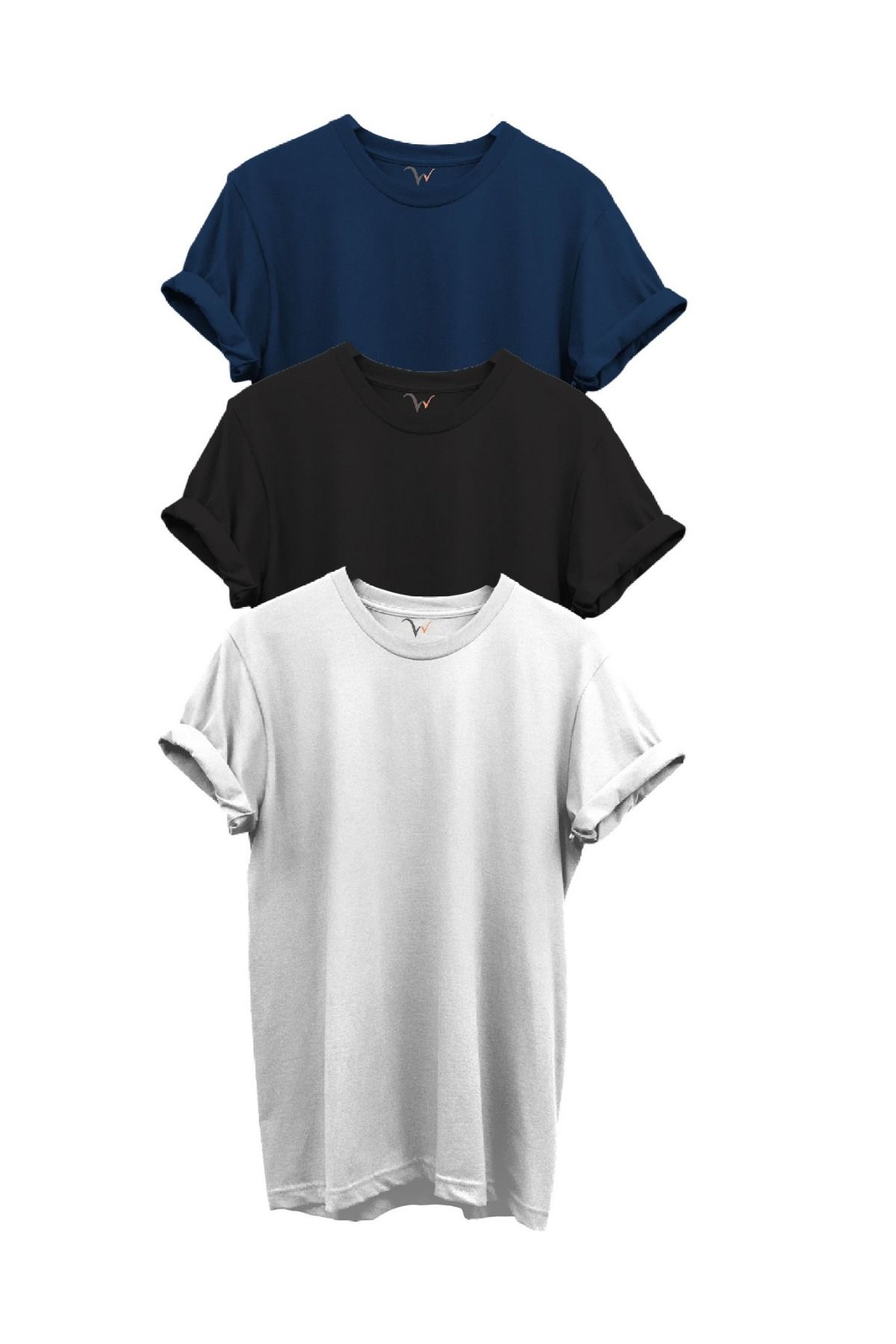 WİDİ 3'lü Lacivert Siyah Beyaz Set %100 Pamuk Regular Fit Bisiklet Yaka Premium T-shirt