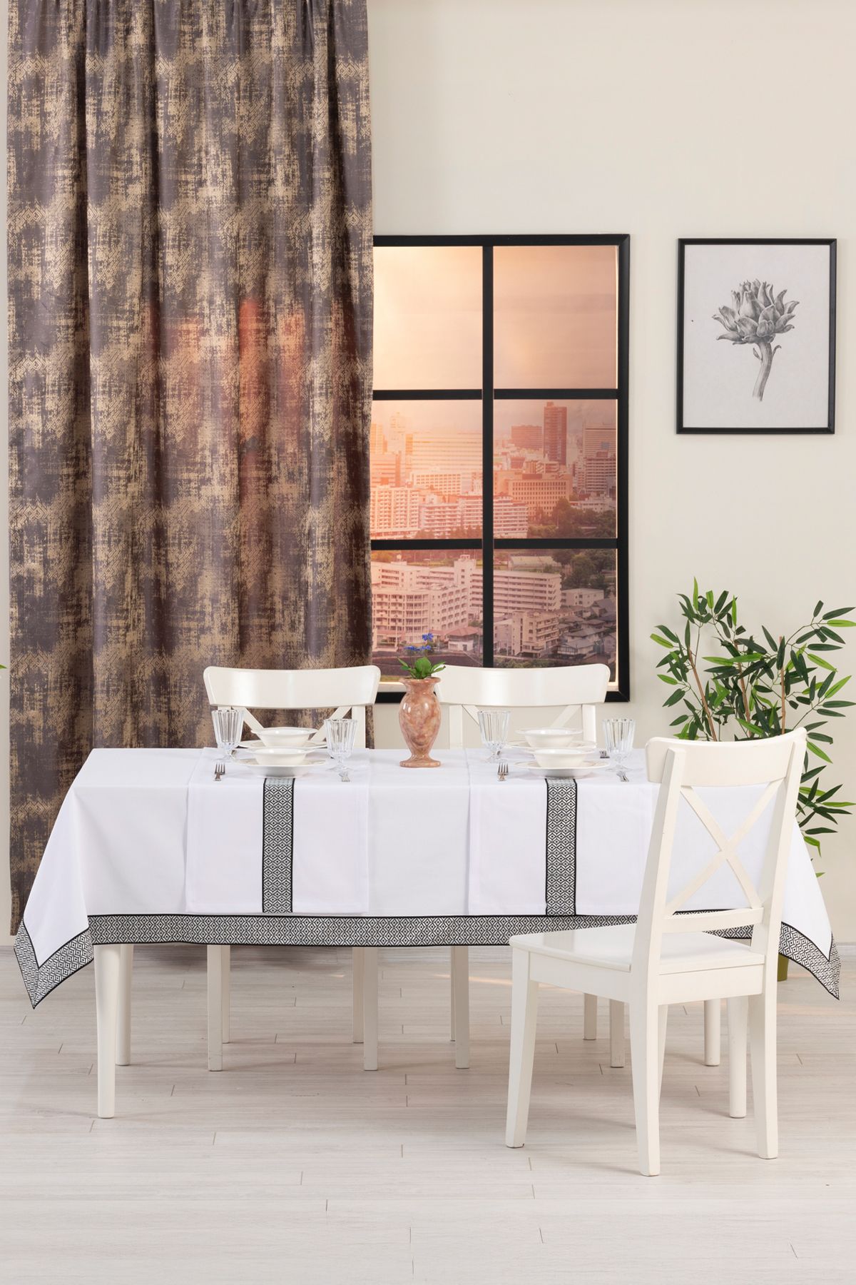 Tropikhome Alba Jakar Nokta Desen Runnerlı Set Leke Tutmaz 160x220 Cm Lüks Masa Örtüsü 2 Runnerlı Set Beyaz