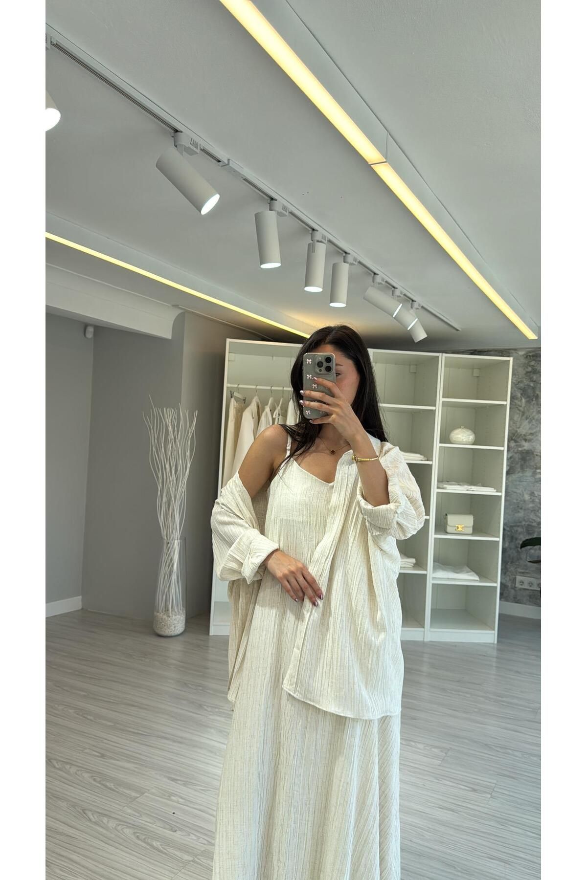 LUUNA STORE KRİNKIL GÖMLEK ELBİSE - EKRU