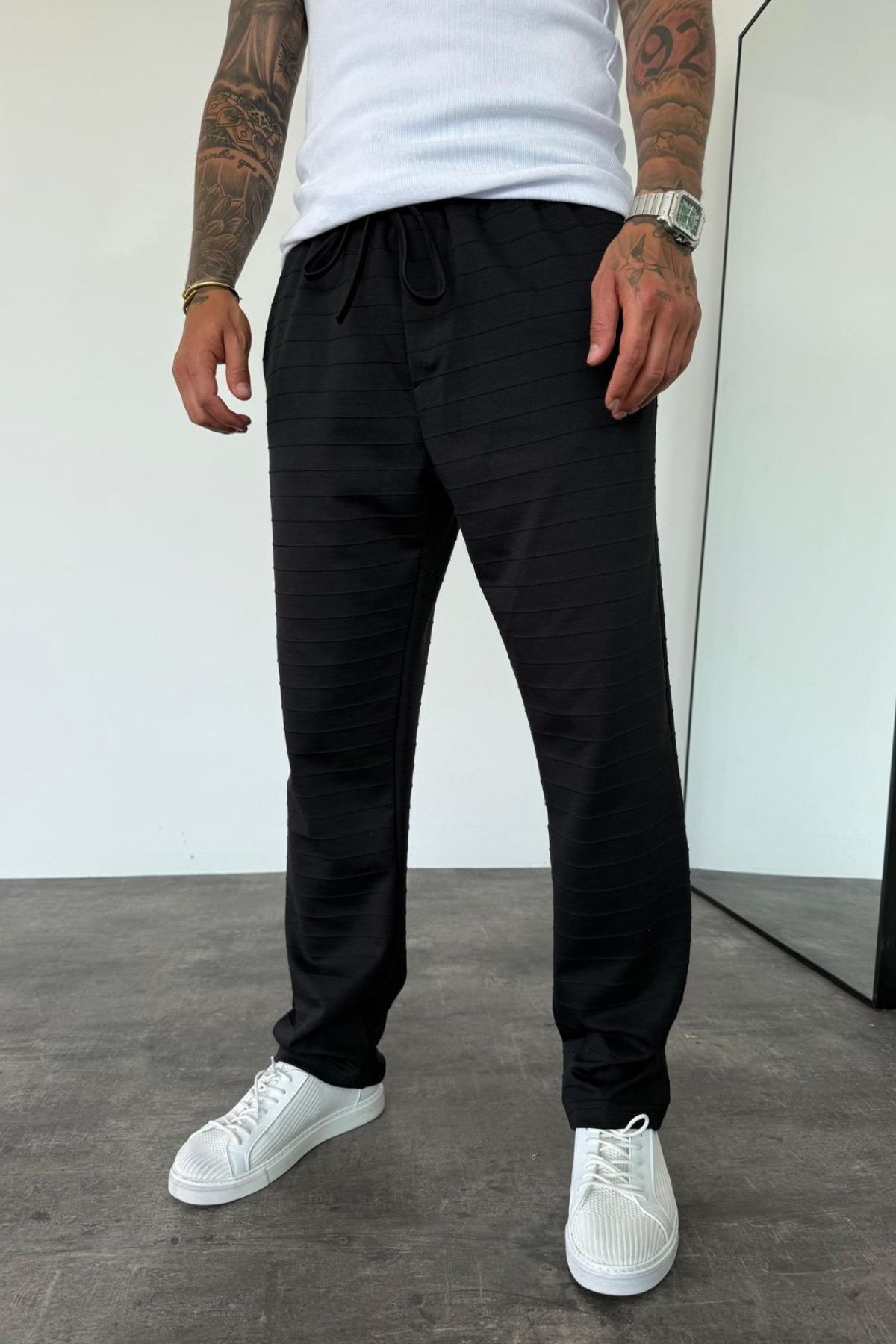 MADZEYMODA Erkek Baggy Fit Bol Kalıp Beli Lastikli Siyah Jogger KE-5046
