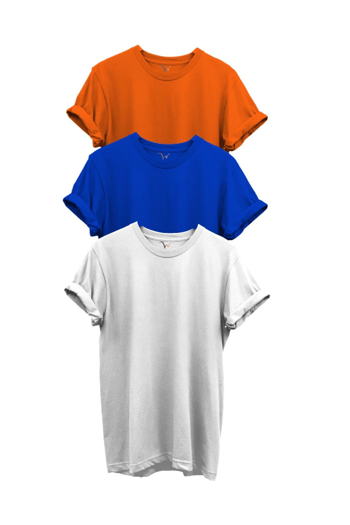 WİDİ 3'lü Turuncu Saks Mavi Beyaz Set %100 Pamuk Regular Fit Bisiklet Yaka Premium T-shirt