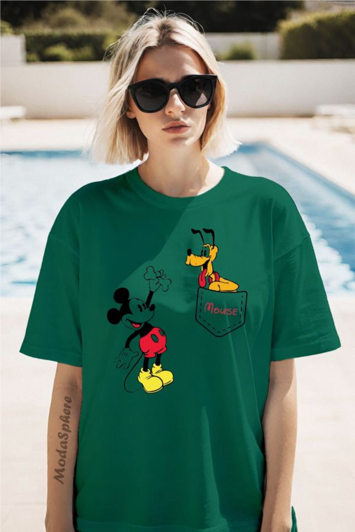 ModaSphere MICKEY Baskılı Cep Görselli Unisex Oversize Tişört