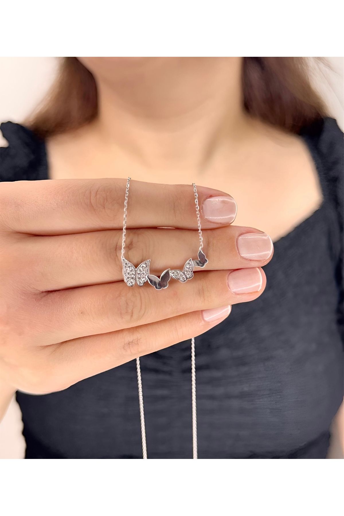 Azra Silver&Aksesuar 925 Ayar Sade Ve Zirkon Taşlı Kelebek Model Zincirli Gümüş Kolye