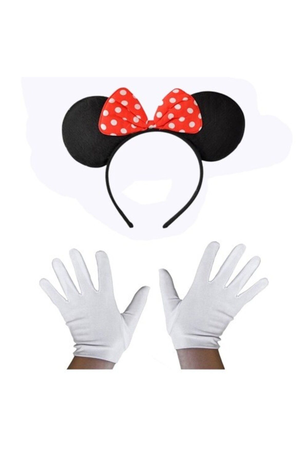 Vemora Kırmızı Fiyonklu Minnie Mouse Tacı ve Beyaz Eldiven Seti