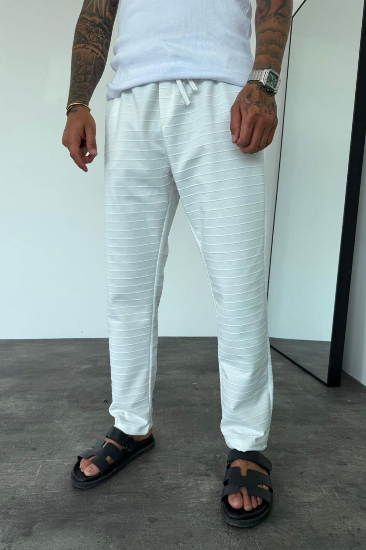 MADZEYMODA Erkek Baggy Fit Bol Kalıp Beli Lastikli Beyaz Jogger KE-5046
