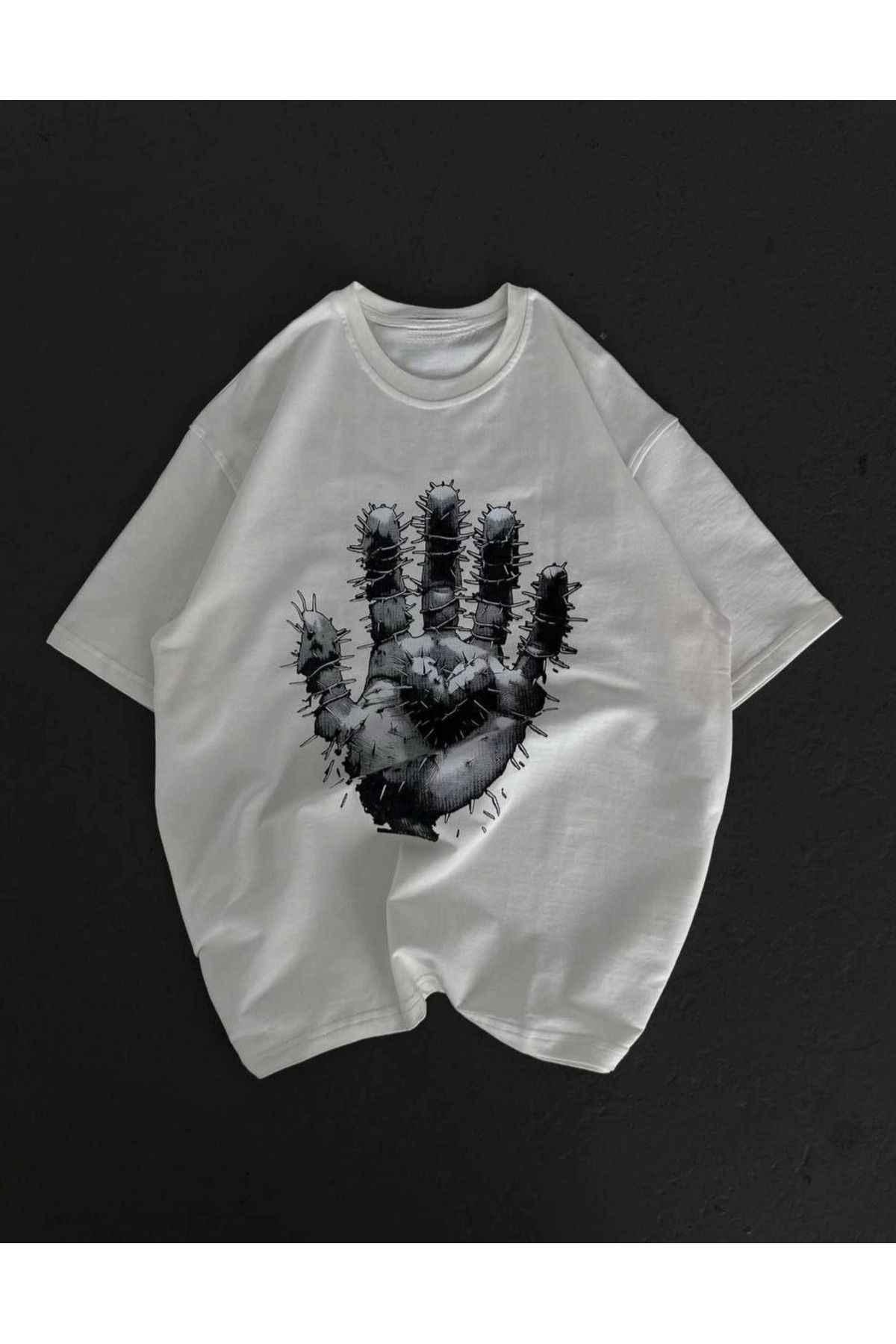 Serero Unisex Bisiklet Yaka Baskılı Oversize T-Shirt - Beyaz