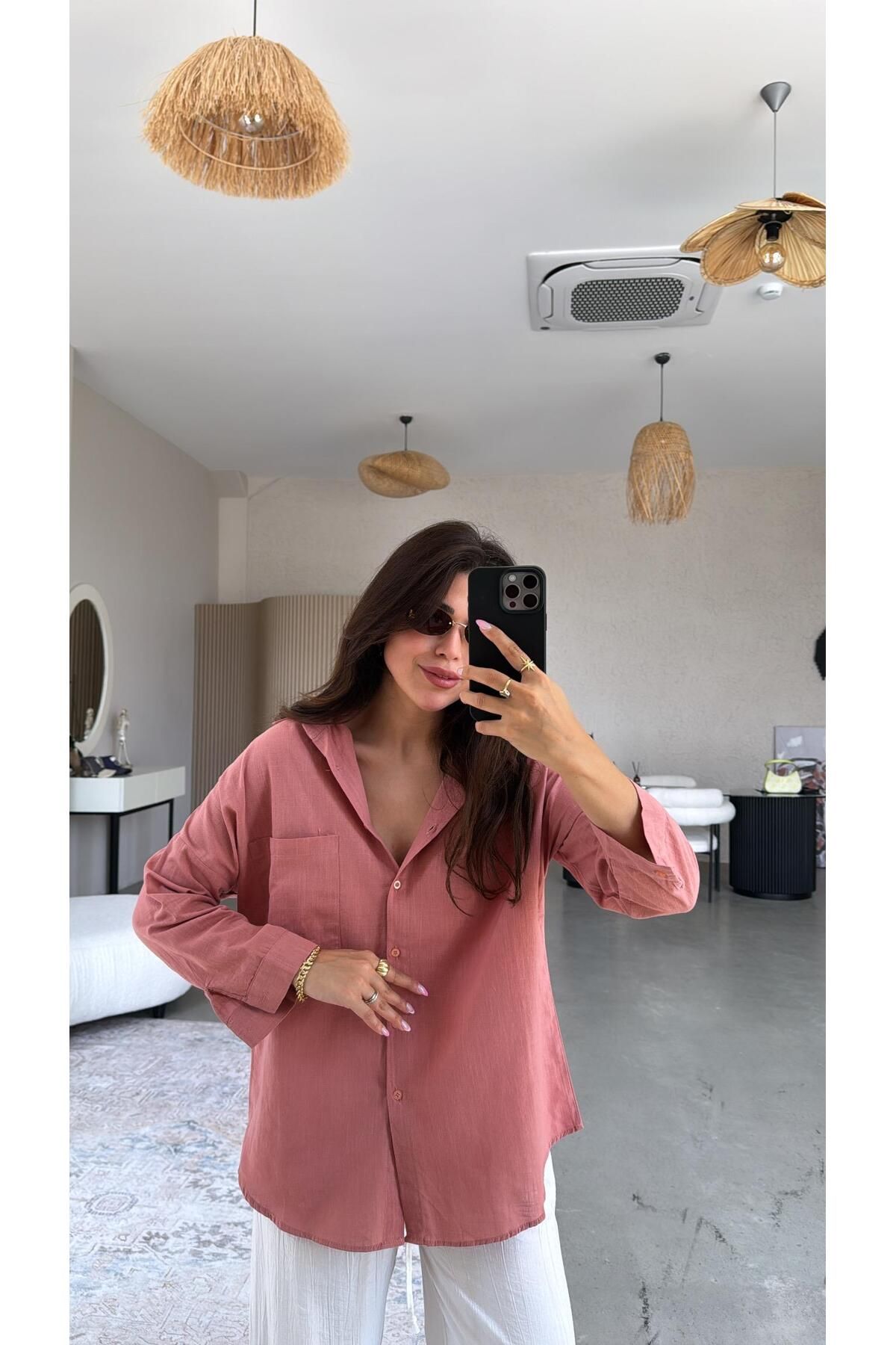 Buket Teke Gülkurusu Tek Cepli Keten Gömlek