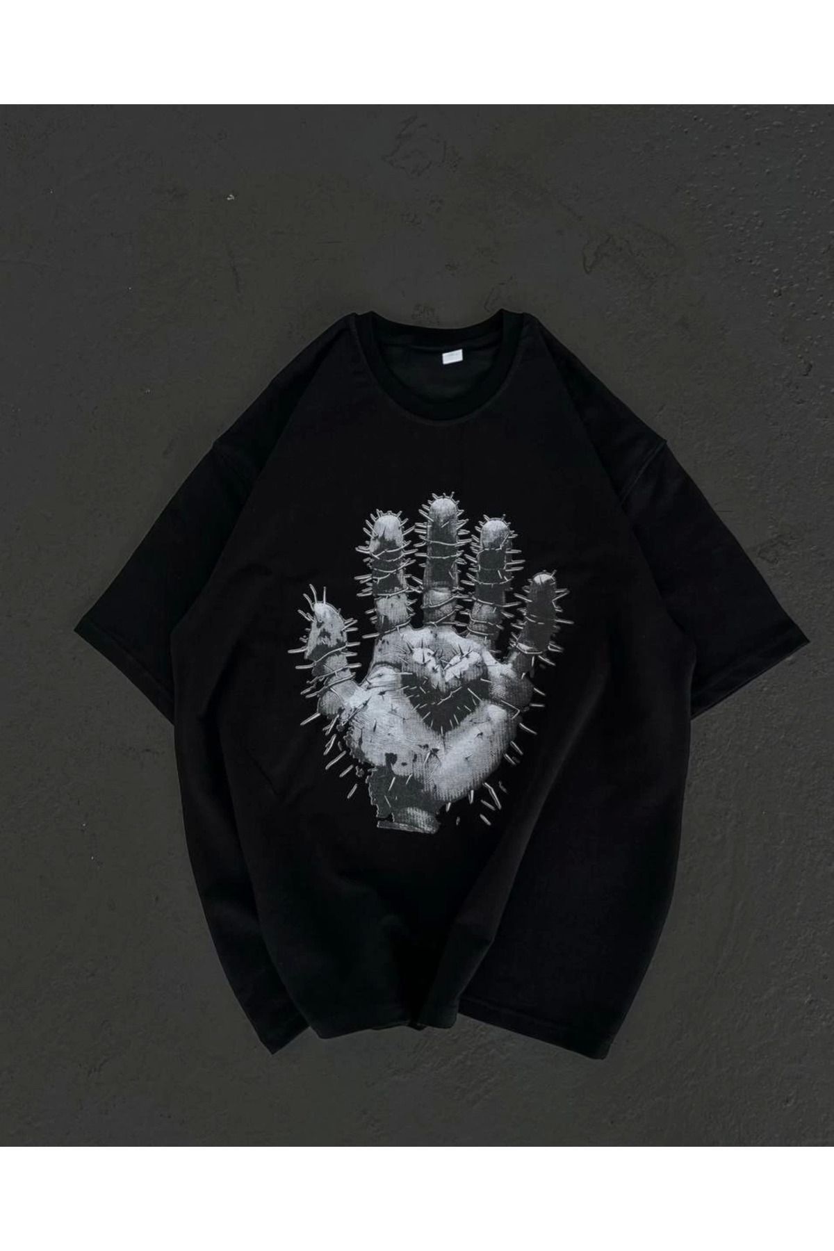 Serero Unisex Bisiklet Yaka Baskılı Oversize T-Shirt - Siyah