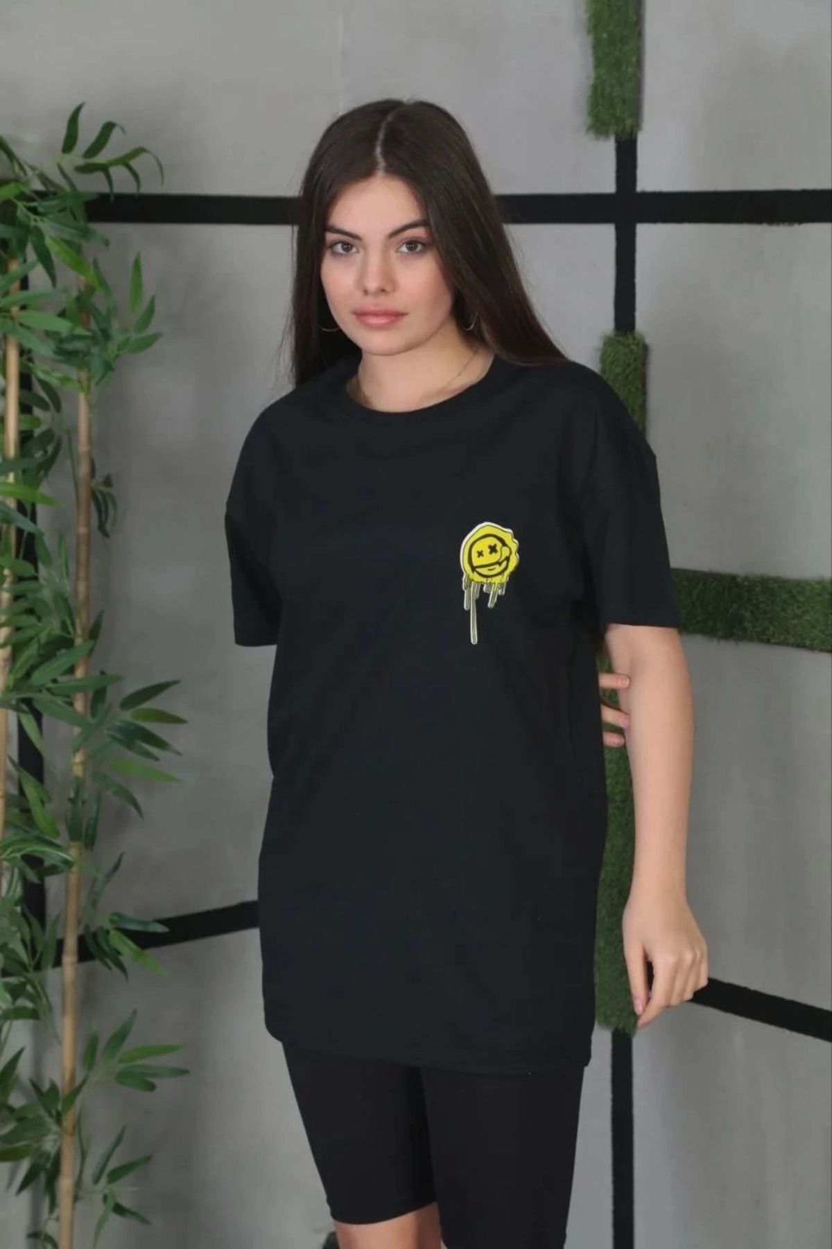 Serero Unisex Bisiklet Yaka Baskılı Oversize T-Shirt - Siyah