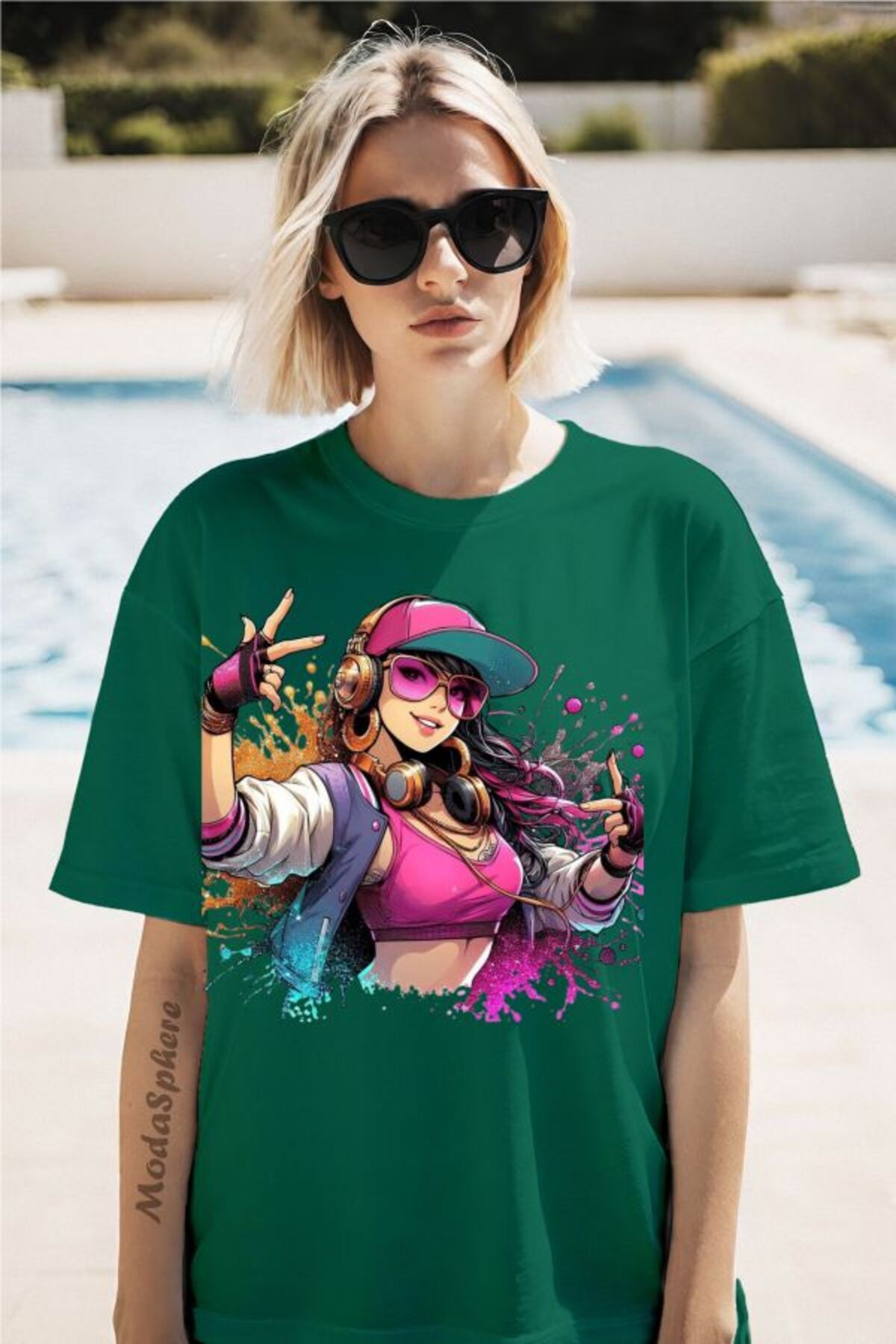 ModaSphere Şapkalı Kız Baskılı Unisex Oversize Tişört
