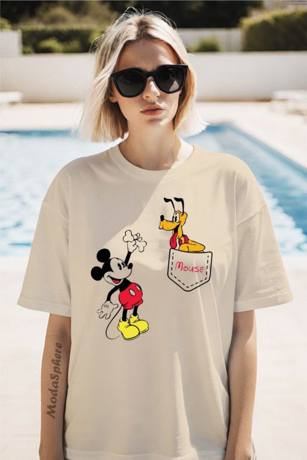 ModaSphere MICKEY Baskılı Cep Görselli Unisex Oversize Tişört
