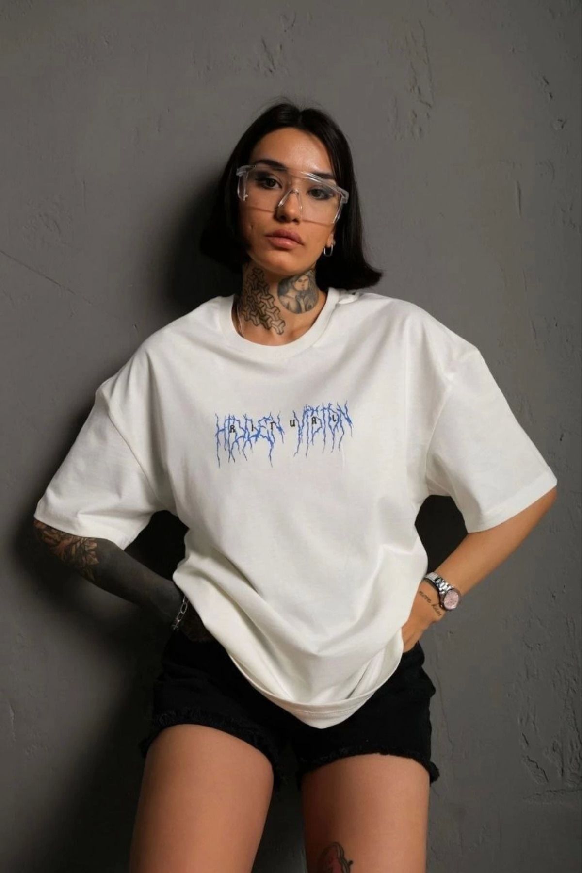Serero Unisex Bisiklet Yaka Baskılı Oversize T-Shirt - Beyaz