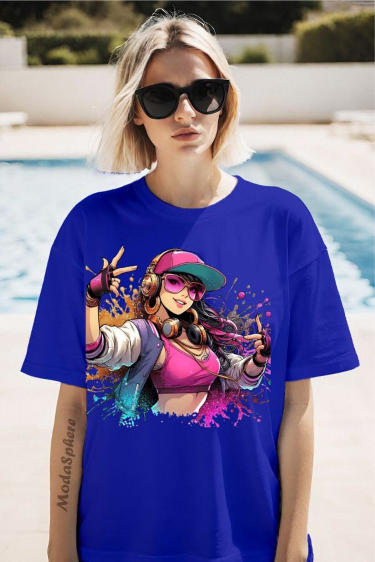 ModaSphere Şapkalı Kız Baskılı Unisex Oversize Tişört
