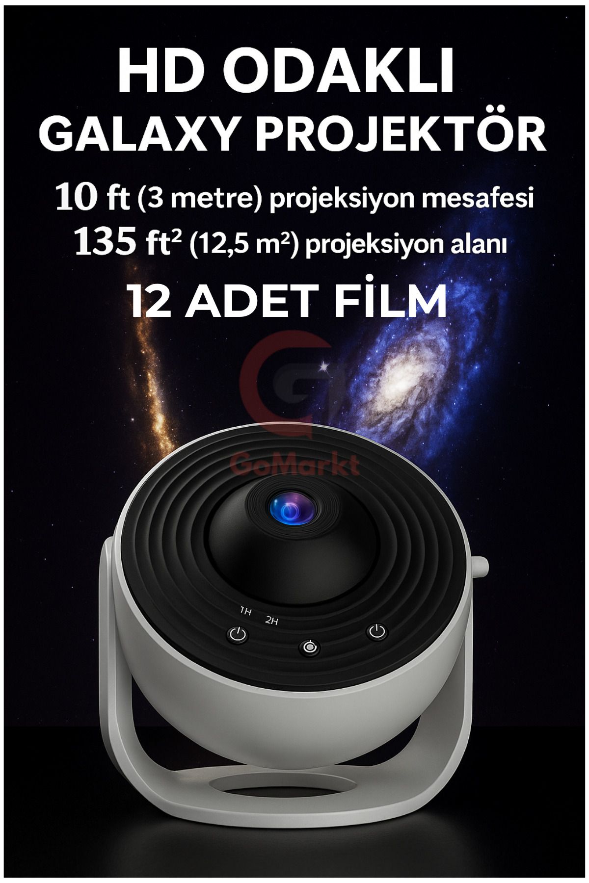 GoMarkt Galaxy Projektör Gece Lambası – 12 Adet Gezegenli, HD Yıldızlı Projektör, 360° Dönüşlü, Zamanlayıcı