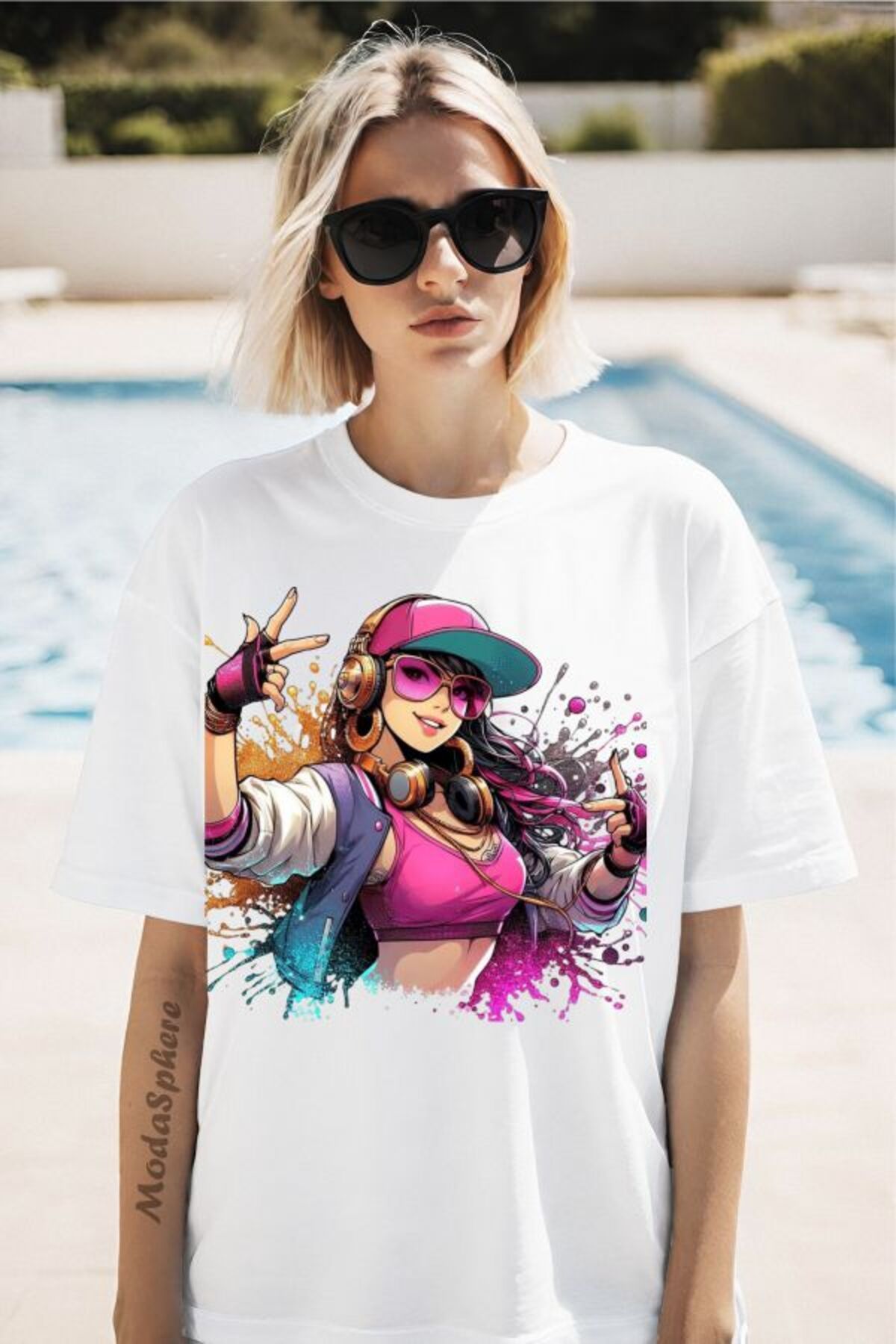 ModaSphere Şapkalı Kız Baskılı Unisex Oversize Tişört