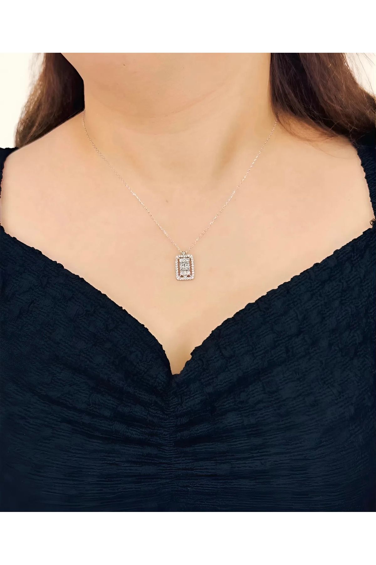 Azra Silver&Aksesuar 925 Ayar Zirkon Taşlı Baget Model Zincirli Gümüş Kolye