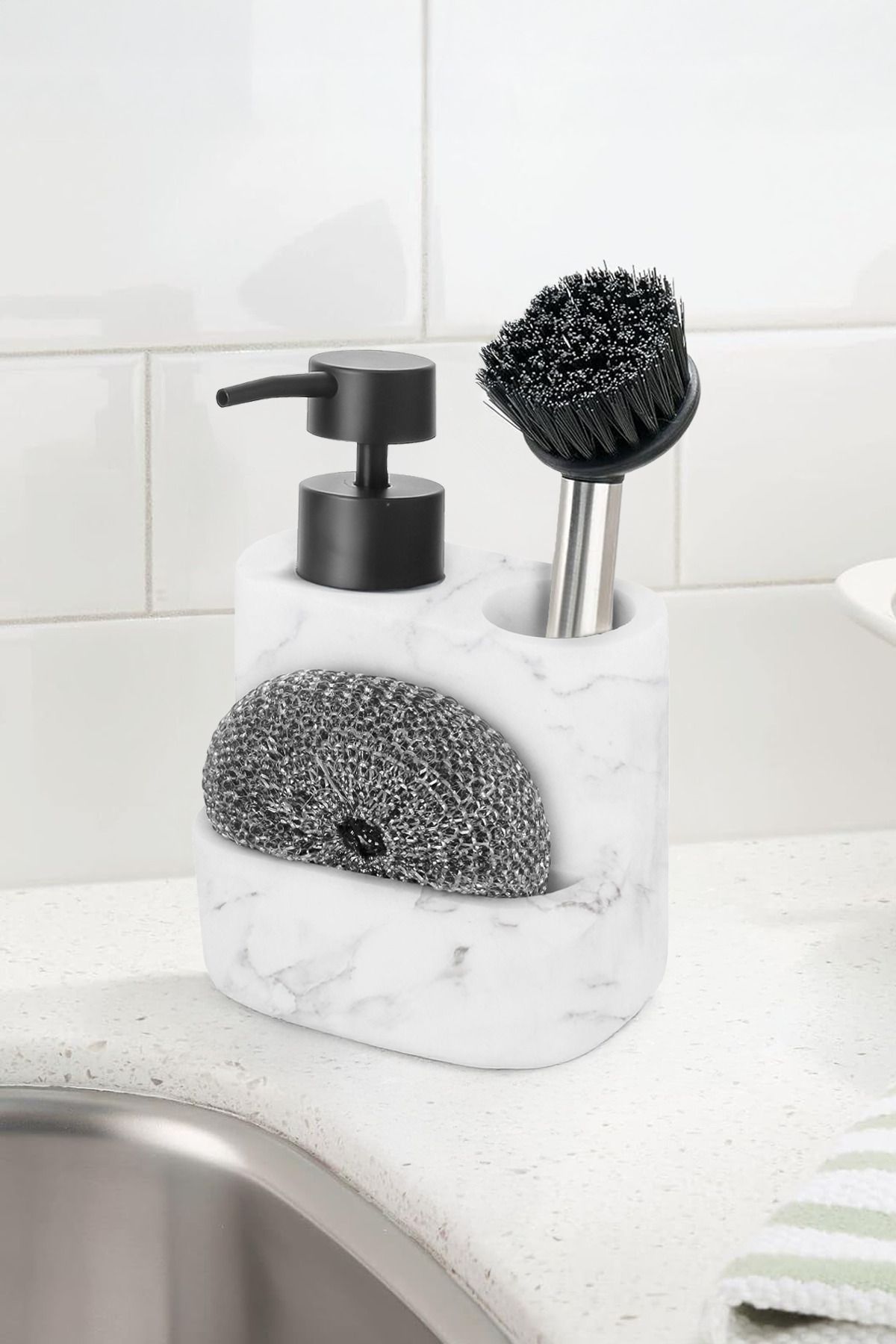NESS HOME Fırça ve Tel Bölmeli Lüx Sıvı Sabunluk - Banyo Mutfak Tezgah Üstü Sabunluk