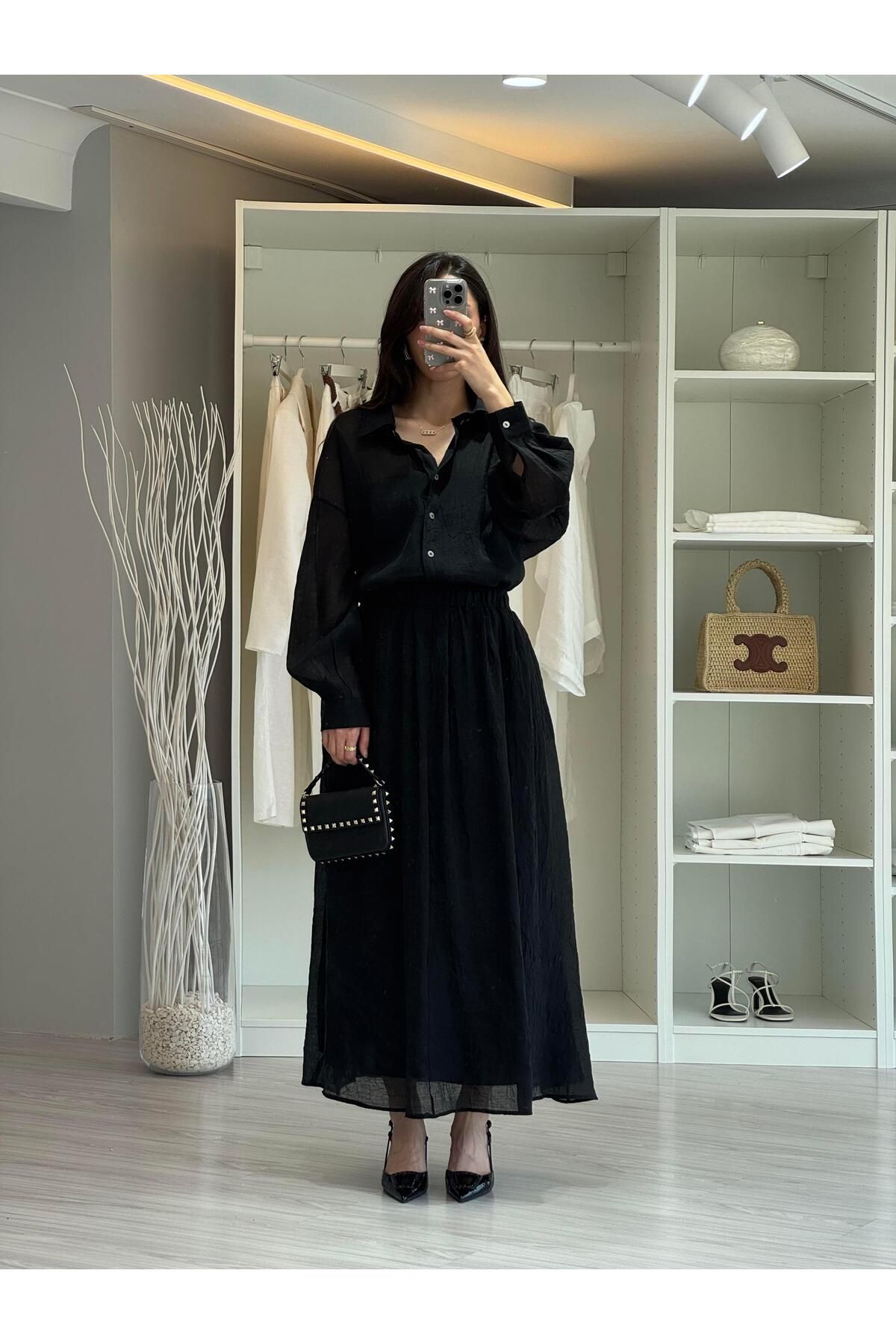LUUNA STORE İpek Kraş Etek Gömlek Takım