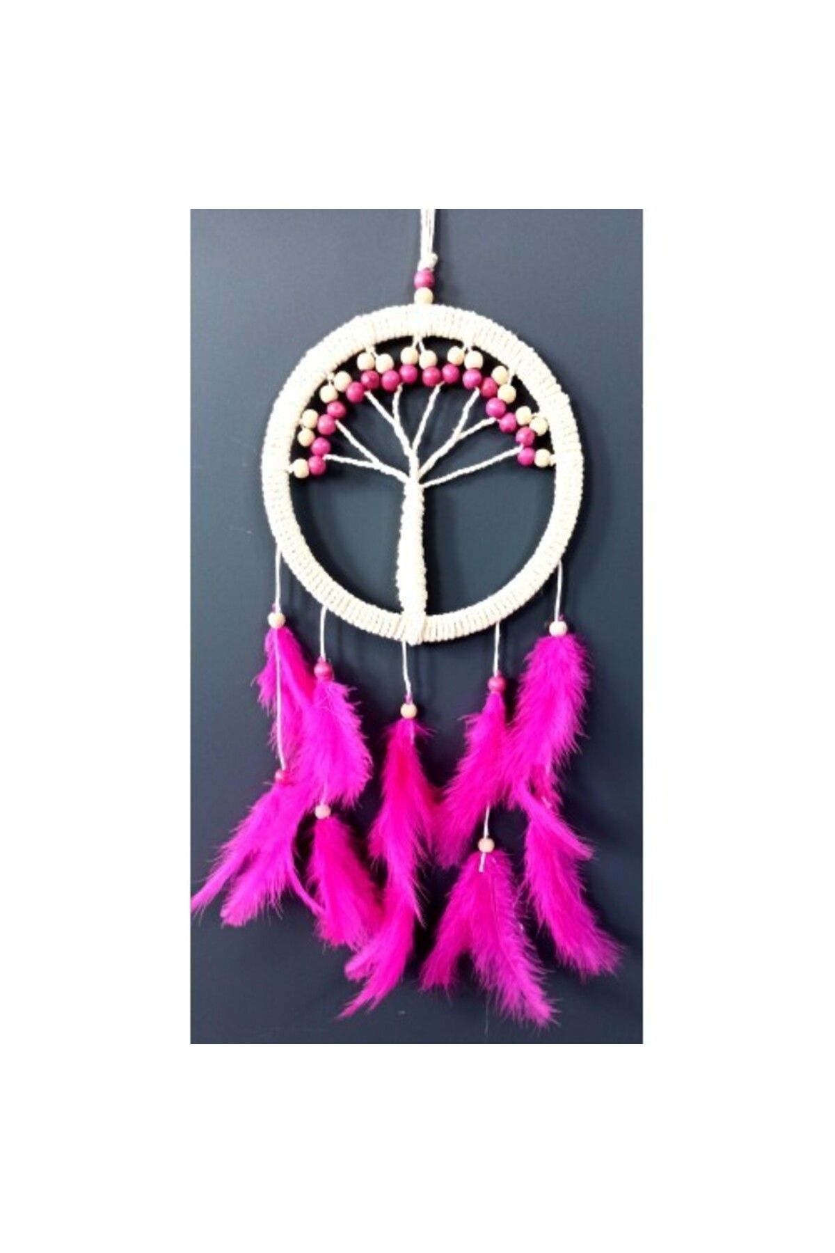 Modafiks Fuşya Kuş Tüylü Hayat Ağacı Düş Kapanı Dream Catcher Duvar Süsü