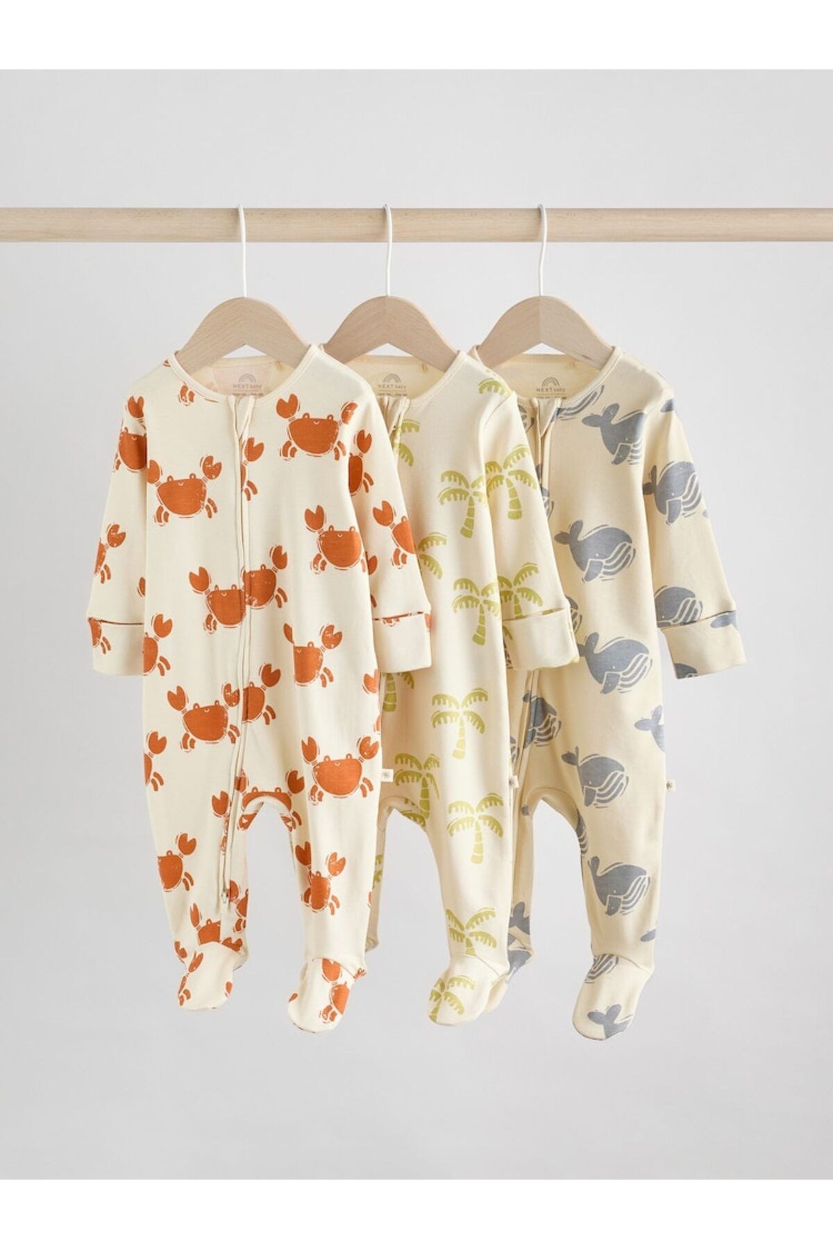 Next Baby %100 Pamuklu Krem Deniz Canlıları Desenli 3'lü Tulum Set
