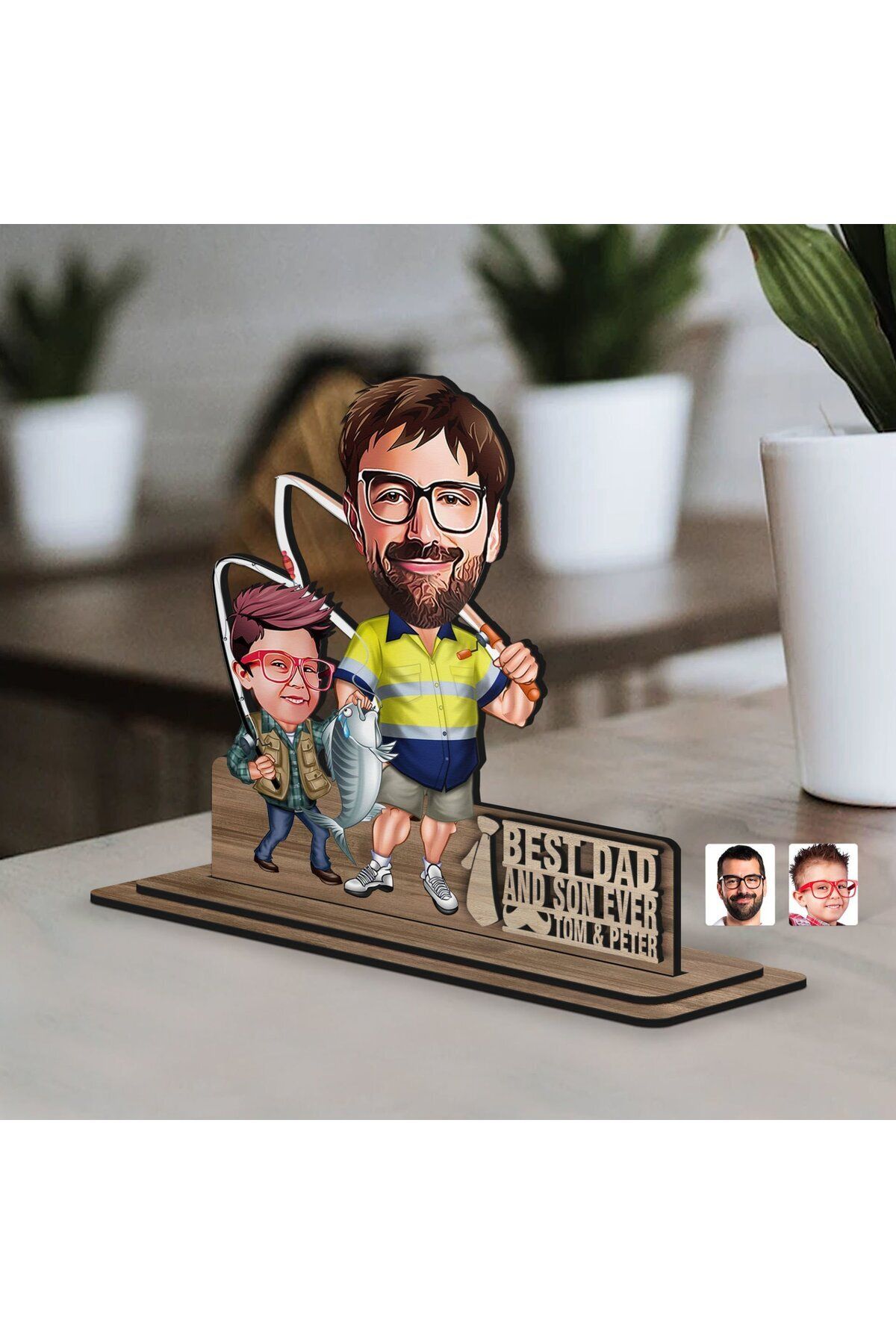 DEKORANLA Kişiye Özel 3D Ahşap Baba-Oğul Karikatürlü Biblo, Hediye, Renkli