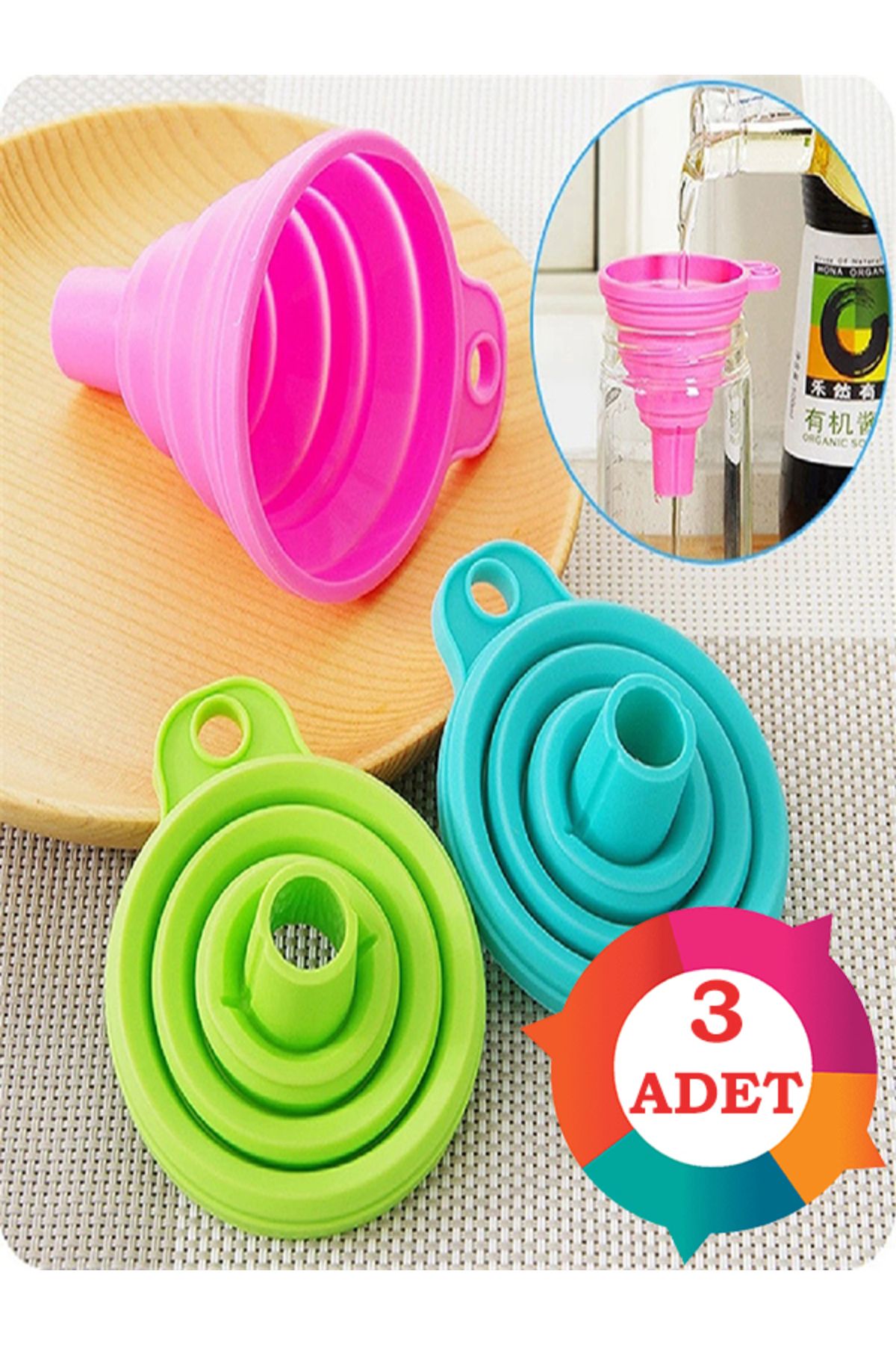 Ayver 3 ADET PRATİK KATLANABİLİR SİLİKON AKORDİYON HUNİ KOLAY KULLANIM MUTFAK HUNİSİ