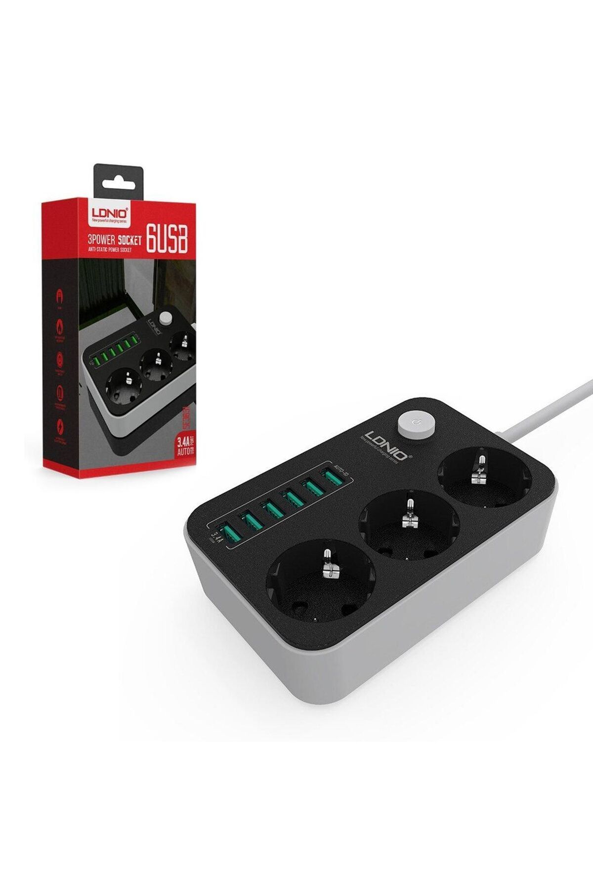 Derwell LDNIO SE-3631 3Lü Akım Korumalı Priz 1.5 Metre Anahtarlı 6XUSB