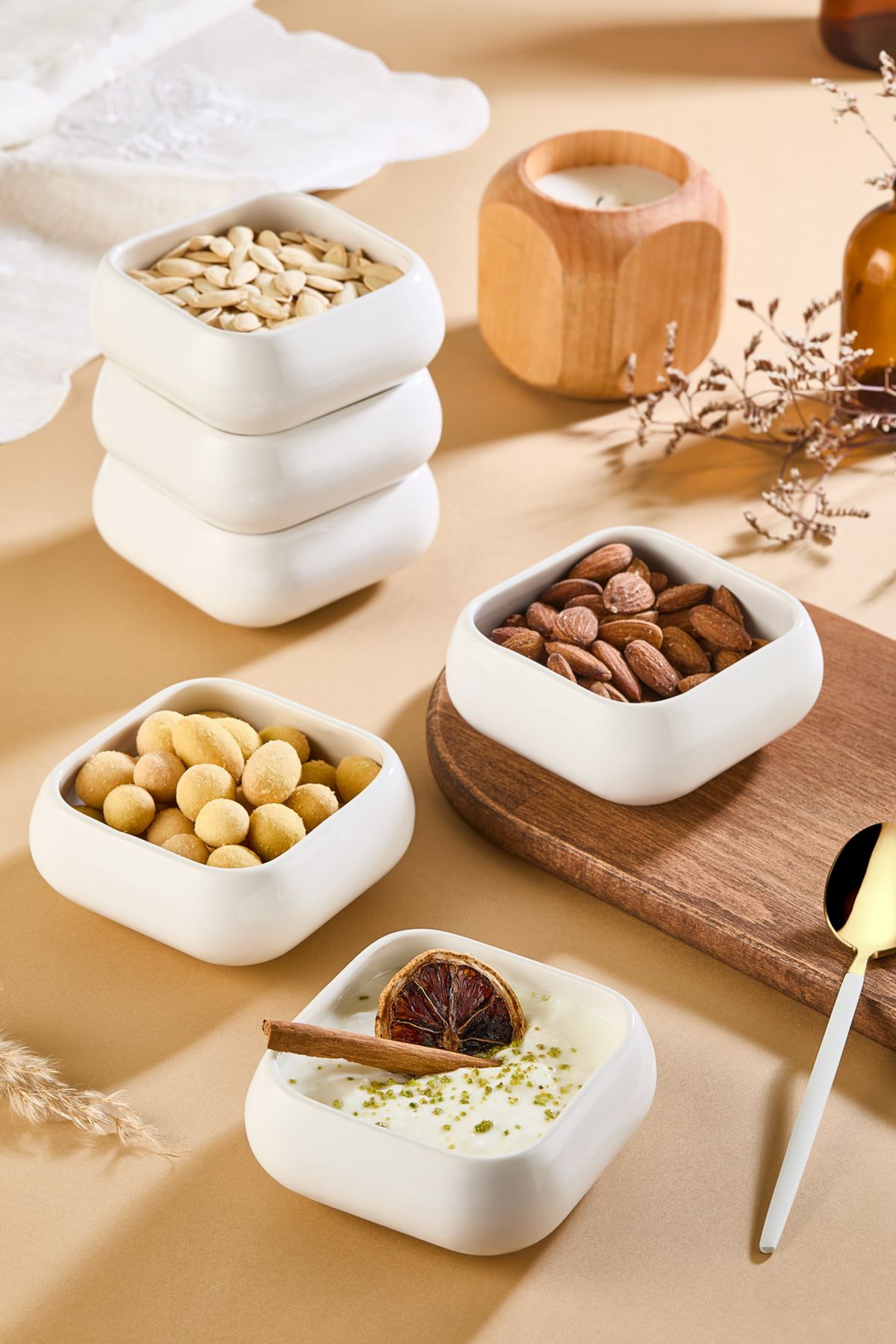 Kitchen Life Seramik 4'lü Kare Çerez Tabağı - Sunumluk Reçellik Sosluk