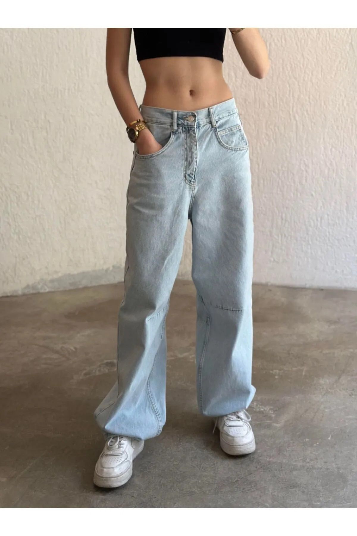 FABİRE WEAR Kar Mavi Toka Detaylı Bol Kesim Geniş Paça Rahat Baggy Jean Kot Salaş Kadın Pantolon